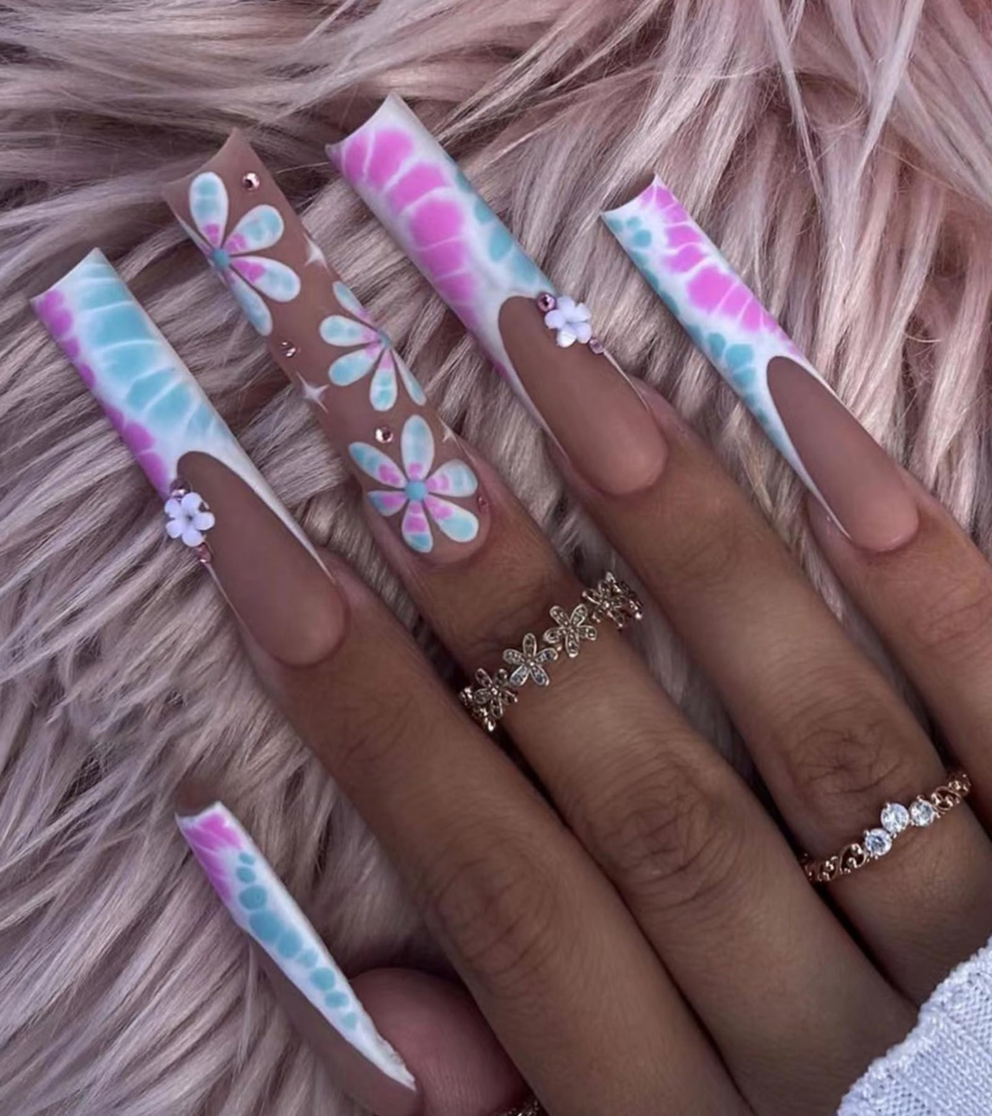 Press on Nails Extra Long - Aegenacess Square Press On Nails with Flowers and Rhinestones, Nude White Matte Fake Nails with Glue Sticker, Handmade 24 pcs Stick On Nails False Nail in 12 Sizes