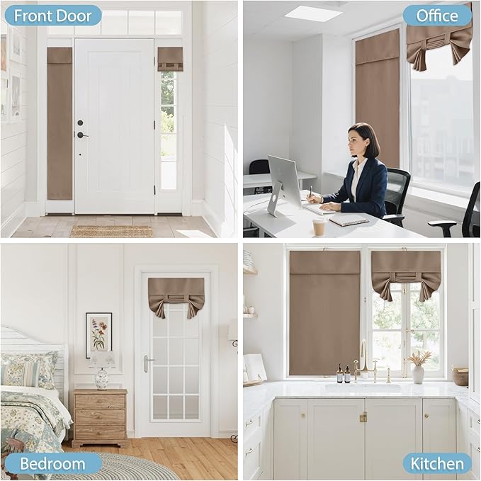 RYB HOME Blackout French Door Curtain - Privacy Thermal Insulated Window Shades for Patio Kitchen Front Entry Back Door Glass Window, Self Adhesive No Drill, 1 Panel, 12" W x 69" L, Mocha