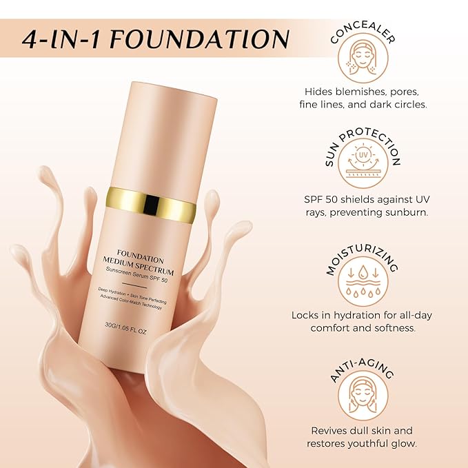 4 in 1 Foundation Liquid, Medium Spectrum Coverage Makeup with SPF 50+, Hydrating & Longwearing & Waterproof Color Changing Foundation for Gym, Sports, Dancing