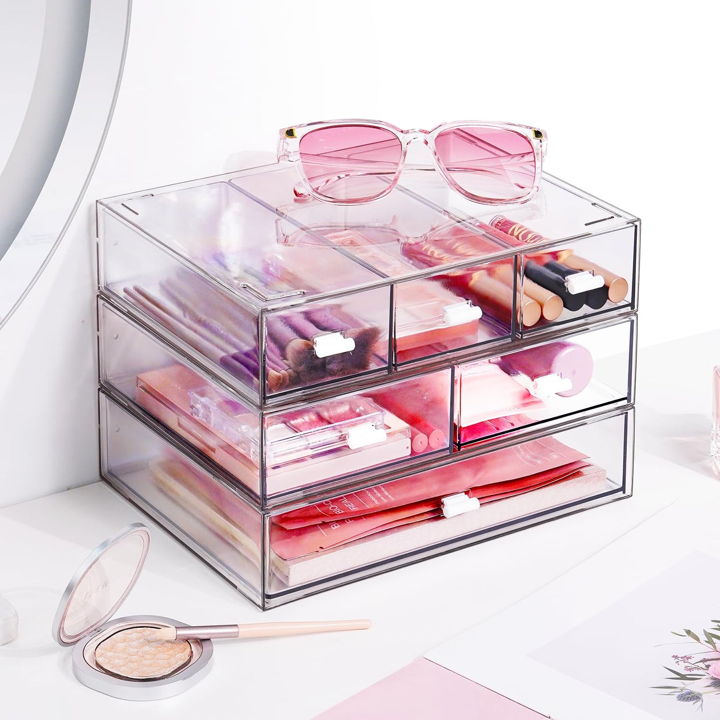 3 Tier Stackable Desk Organizer with 6 Drawers, YOCOMEY Plastic Desktop Storage Box Drawers, Detachable Makeup Storage Office Stationery Supplies Organizer for Office School (All Clear)