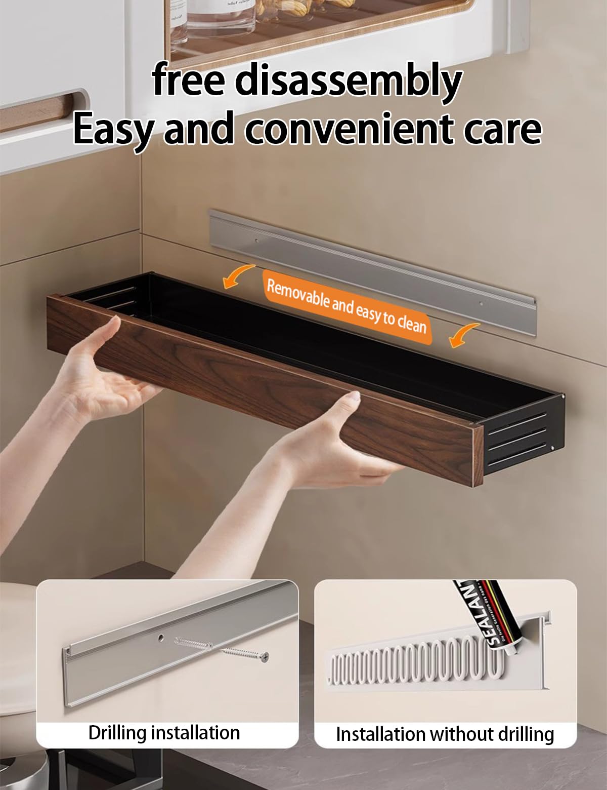 Oerlisoo spice rack wood kitchen spice rack wall mounted adjustable adhesive or screw, hung on the door and wall, black large rack for storing items in refrigerators and ovens