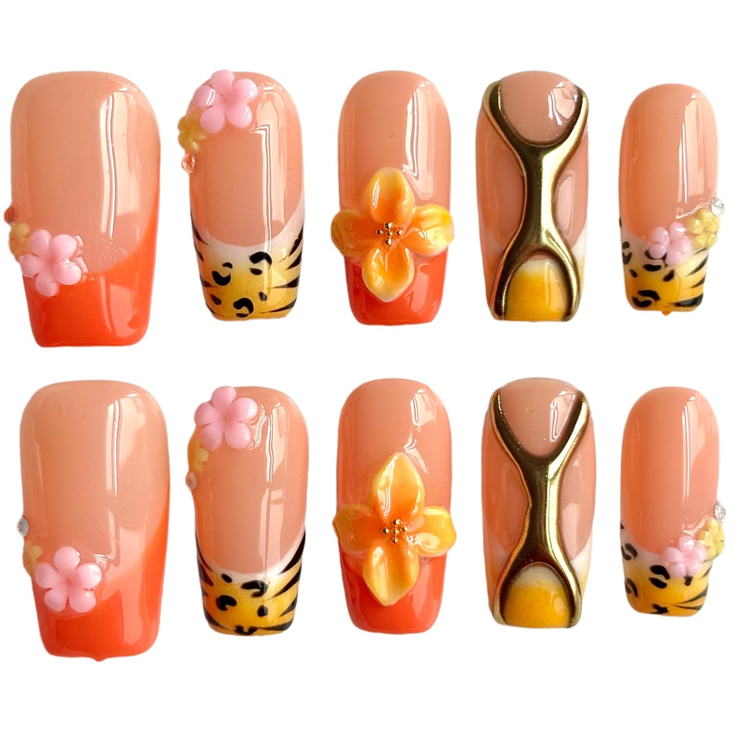 Handcrafted Press On Nails Medium/Short Square Shape, Orange Gradient Fake Nails with Tiger Print & 3D Flower Design, Reusable Acrylic False Nails Tiger Petal (M)