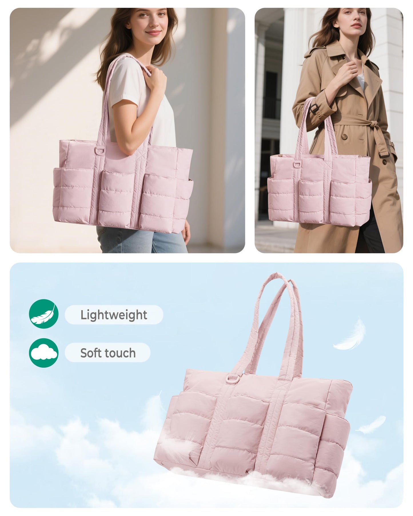 Fasrom 2PCS Nurse Tote Bag Bundle for Work, Structured Clinical Bag and Lightweight Puffer Nursing Tote, Multi-Pocket Nurse Bags for Nurses, Nursing Students, Home Health Care, Black+Pink