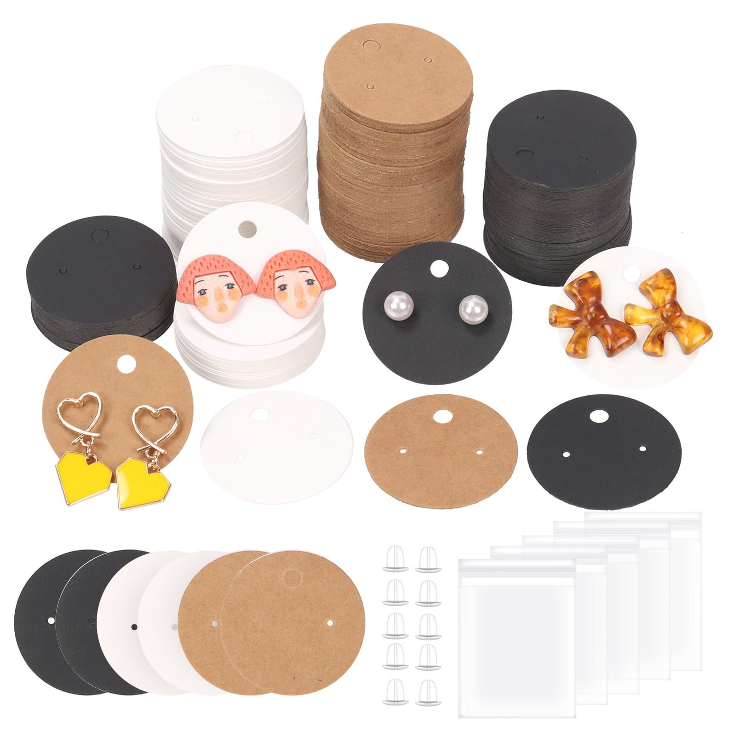 Swpeet 800Pcs 3 Colors Earring Display Cards Assorment Kit, 4CM-1.6 Inch Round Kraft Paper White Black Earring Holder Cards with Earring Backs and Self-Seal Bags for Ear Studs and Earrings Display