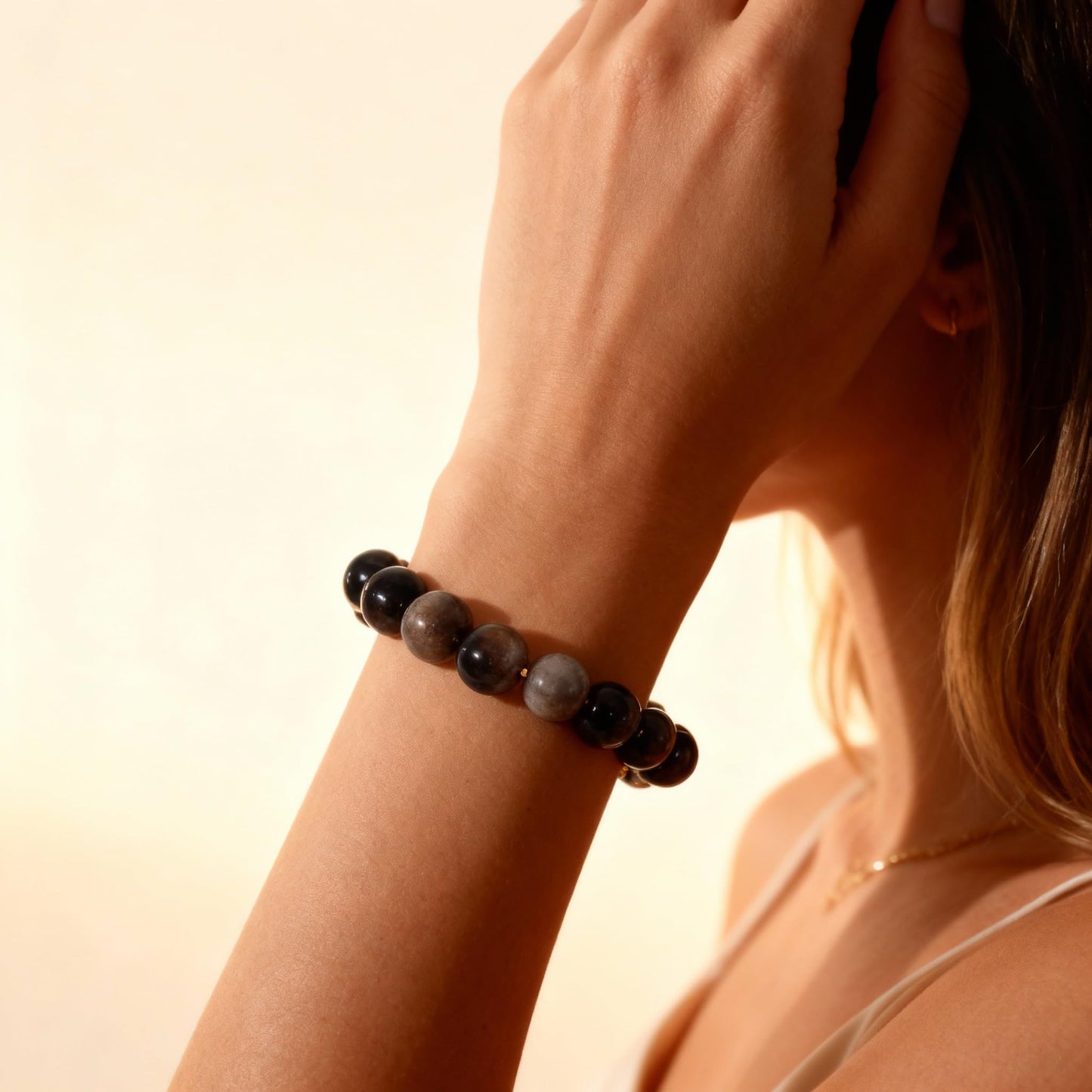The Vida Handmade AAA+ Quality Crystal Stretch Elastic Bracelet - Nature Gemstone - Jewelry Gift - Holiday Gift - For Women & Men (Silver Sheen Obsidian)
