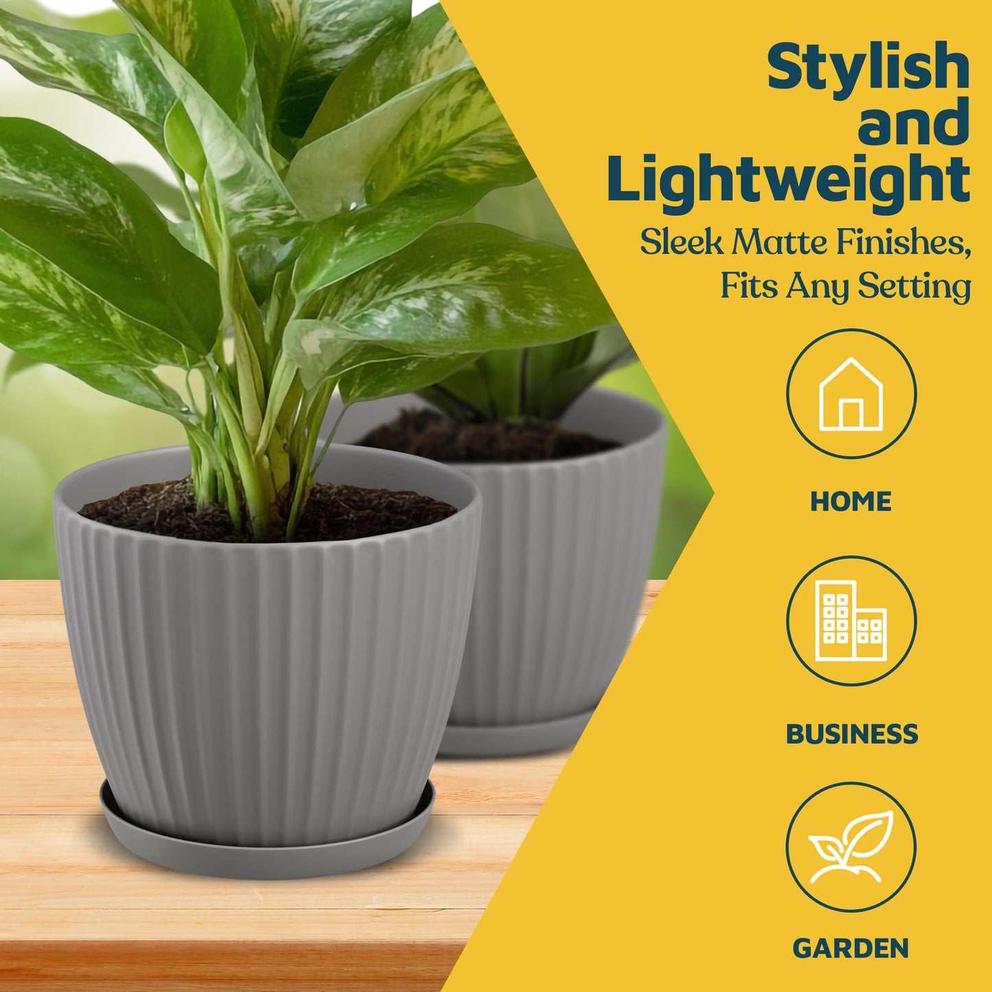 Gray 6-Inch Plant Pots with Drainage & Saucers 6 Pack, Indoor & Outdoor Planters for Houseplants, Herbs, and Flowers, Durable & Weatherproof Material, Stackable, Lightweight, Minimalist Design