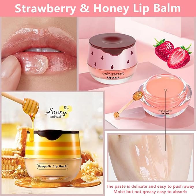 Honey+Strawberry+Apple Lime+Watermelon Lip Balm Lip Mask, Moisturizing Lip Sleeping Mask, Hydrate Repair Prevent Dry Cracked Lip (Watermelon+Apple Lime+Strawberry+Honey)