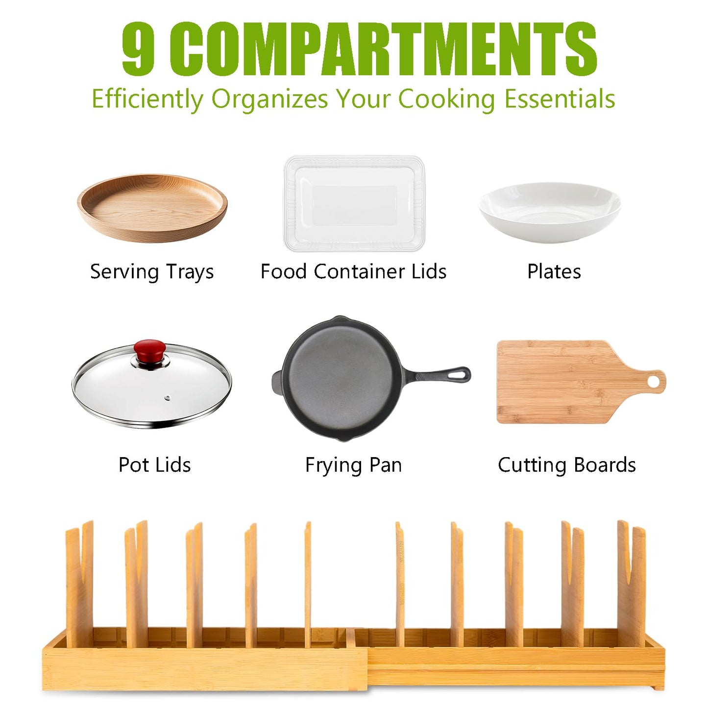 VKDDM Pots and Pans Organizer for Under Cabinet - Expandable Bamboo Pot Lid Organizer, Pan Organizers inside Cabinet, Drawer Pot Lid Holder Rack for Kitchen Organization and Storage