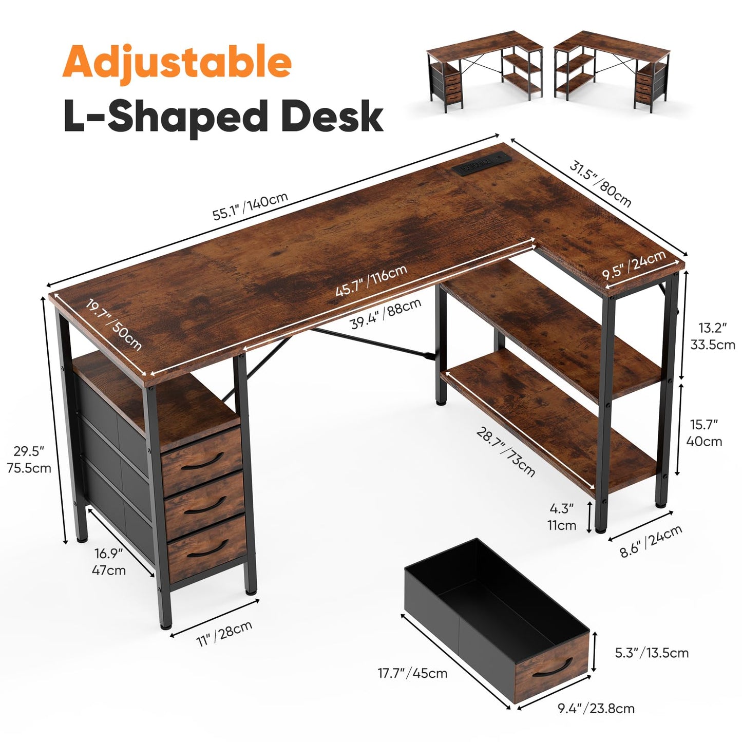 DUMOS L Shaped Desk with Shelf Drawers 55 Inch, Brown Corner Computer Desks Gaming with Power Outlet, Study Table with Adjustable Shelves, Home Office Tables for Bedroom Teacher Reading Writing