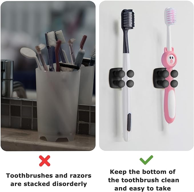 Silicone Toothbrush Holder Multi-Function Hook Waterproof self Adhesive Single Toothbrush Hook Plug Holder for Wall for Hanging Bathroom Kitchen Living Room Office (Square-Black)