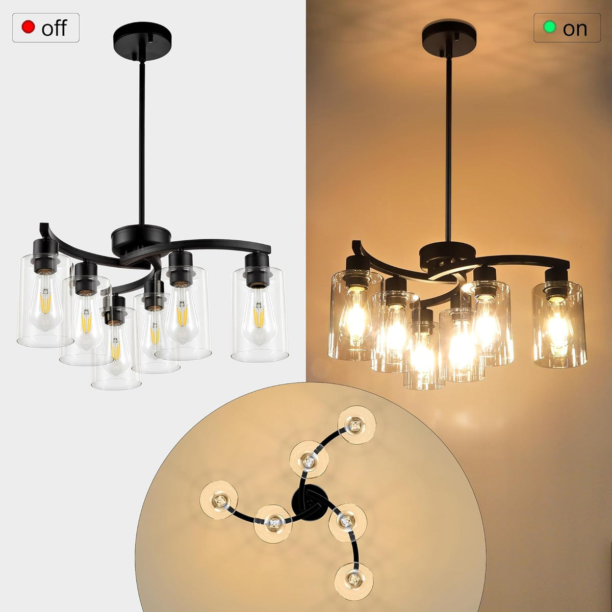 6 Light Modern Farmhouse Chandelier，Black Dining Room Light Fixture，Kitchen Pendant Lights Over Island with Glass Shade
