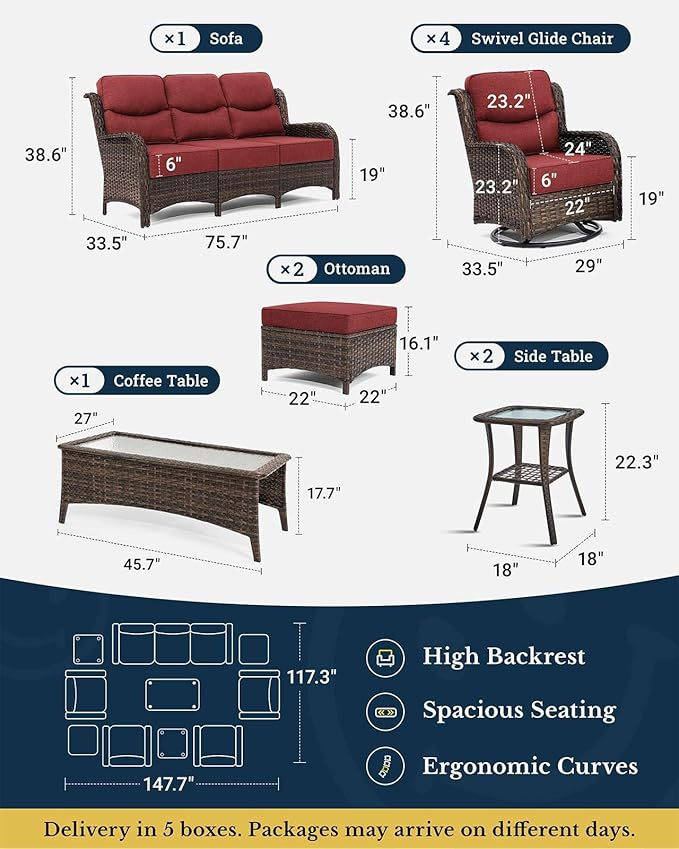 HILLGA Luxury Patio Furniture Set with 6-Inch Thick Cushions, High Back Outdoor Swivel Rocker Chairs and Patio Couch, 10-Piece All Weather Conversation Set for Porch Deck Pool Yard, Burgundy (V3)