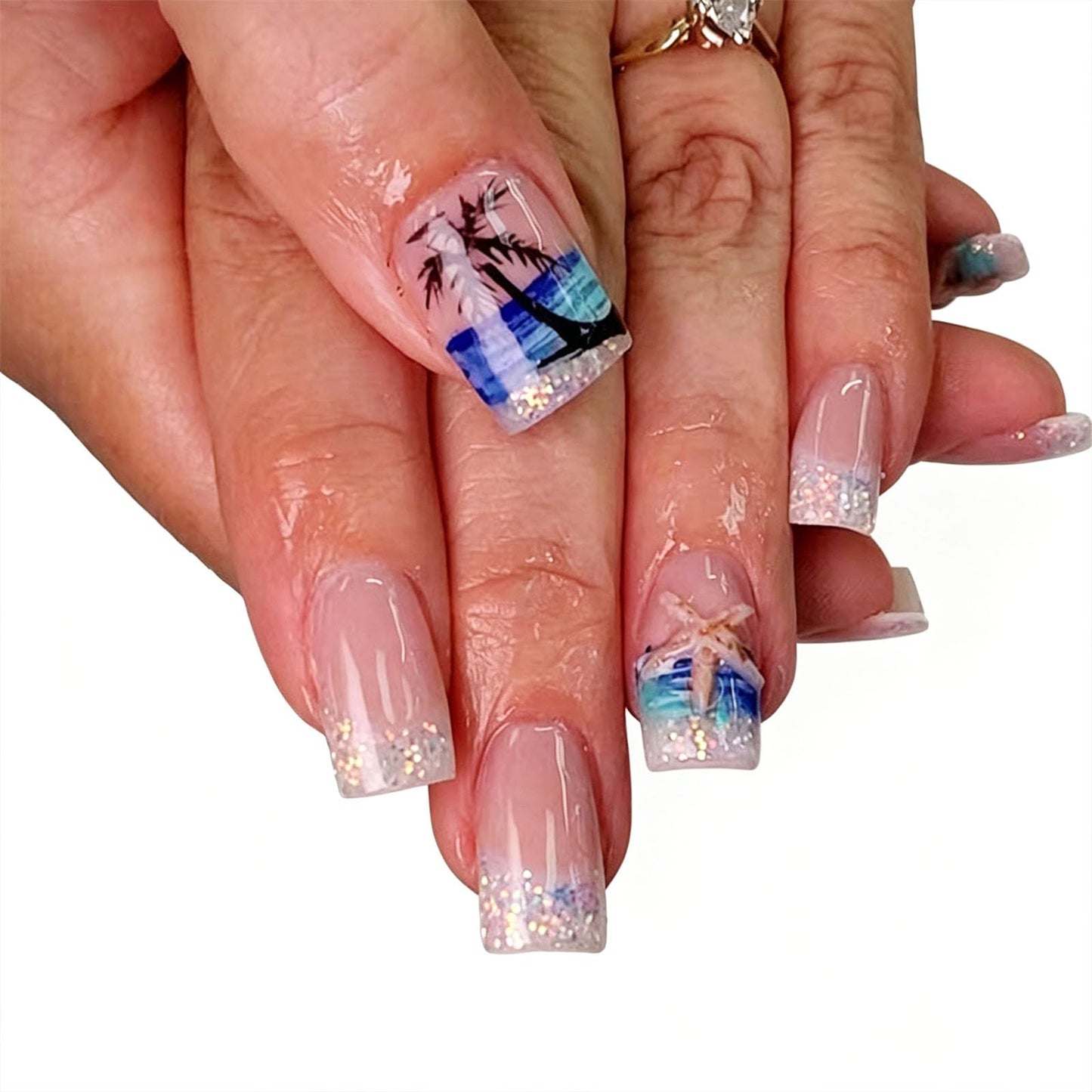 Summer Press on Nails Medium Square Fake Nails with Black Coconut Trees Stars Golden Glitter Designs Glossy Nails Press ons Nude Glue on Nails Acrylic Artificial Stick on Nails for Women 24Pcs