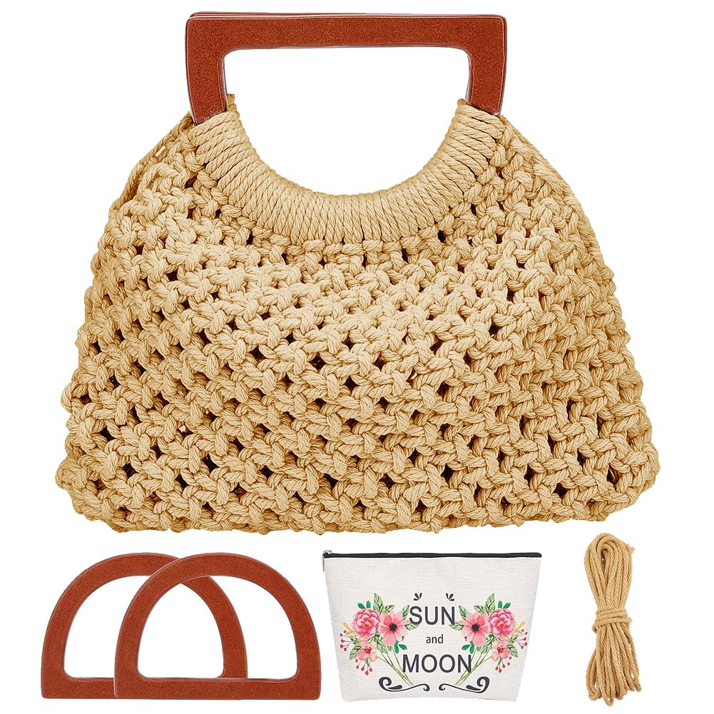 WEBEEDY DIY Macrame Handbag Kit for Adults Beginners Boho Handbag Purse Making Set with Video Tutorial, 3mm Macrame Cord, Wooden Handle, Handmade Bag for Women Valentine's Day Decor Gift,8.7x8.7 Inch