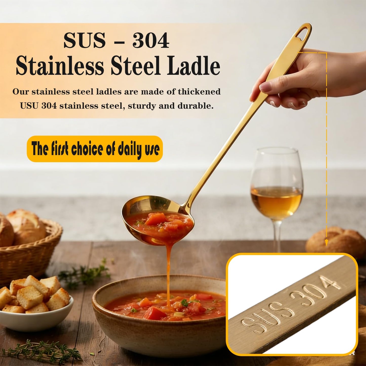 Soup Ladle, 2Pcs Stainless Steel Ladle spoon, 12.2Inch Metal Long Handle Serving Spoon for Cooking Buffet, Party, Kitchen, Gold