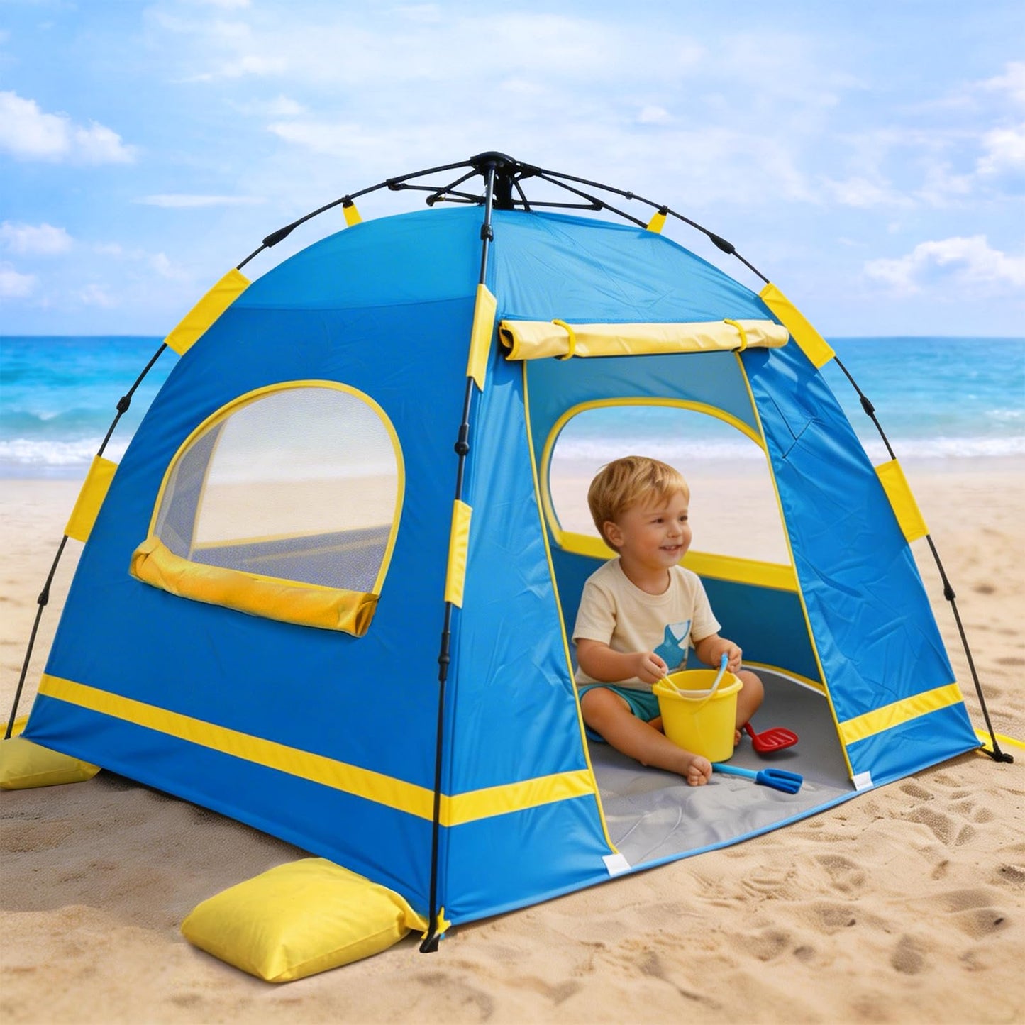Baby Beach Tent Pop Up Sun Shelter with UPF 50+ UV Protection, Silver-Coated Interior, Breathable Mesh Ventilation, Easy Setup, Wind-Stable Beach Shade for Infants & Toddlers
