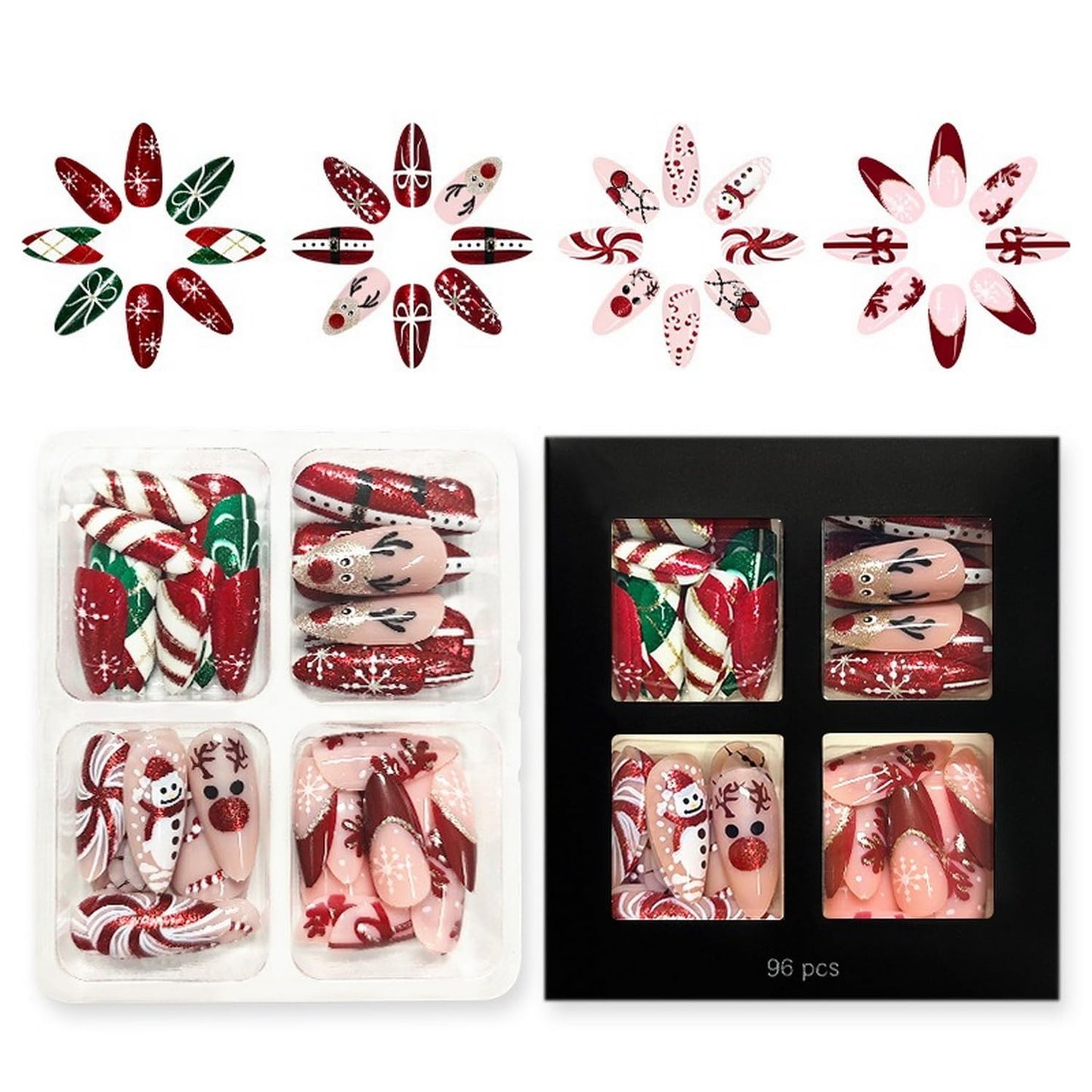 Christmas Press on Nails Kit 96 Pcs Medium Almond Fake Nails 4 Style Red French Tip False Nails with Snowflake Bow Snowman Cane Candy Designs Glossy Glue on Nail Winter Acrylic Nails for Women Girls