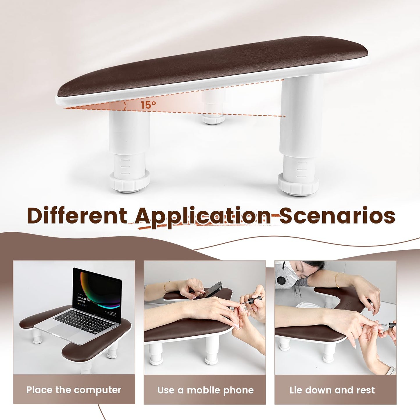 JODSONE U-Shaped Brown Arm Rest for Nails Tech with Rotating 360°Built-In Phone Holder and Adjustable Nail Arm Rest Detachable Manicure Hand Rest for Salon Design