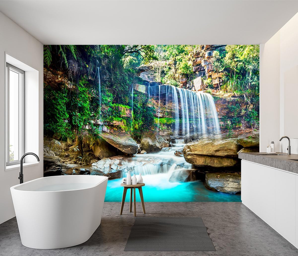 -Green Lake Waterfall Scenery Fabric Wallpaper Living Room Woodland Forest Mountain Bedroom Bathroom Wall Mural- 91"x65"（ not Peel and Stick）