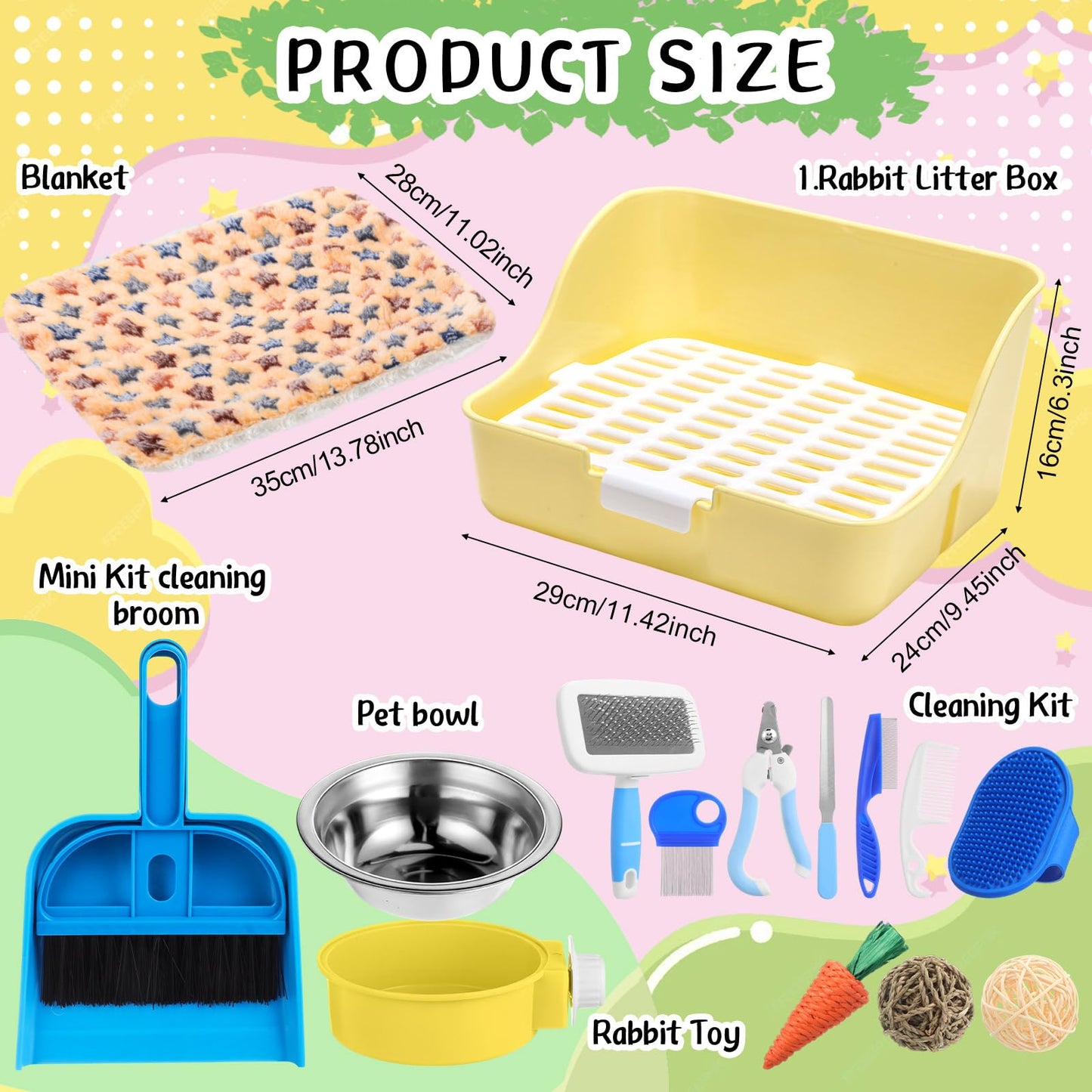 Reallnaive 15 Pcs Rabbit Starter Kit Small Rabbit Litter Box Girls Gift Animal Grooming Kit Bunny Toys Bowl Blankets with Cleaning Set for Guinea Pig Accessories(Blue)