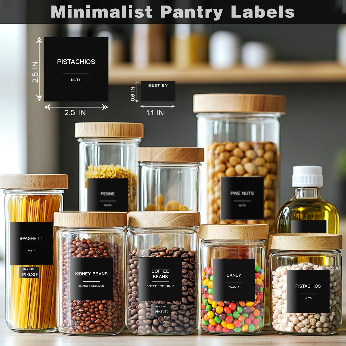 Kuocodall 288 Pantry Labels for Food Containers, Black Preprinted Minimalist Waterproof Stickers for Organizing Storage Bins, Jars and Kitchen