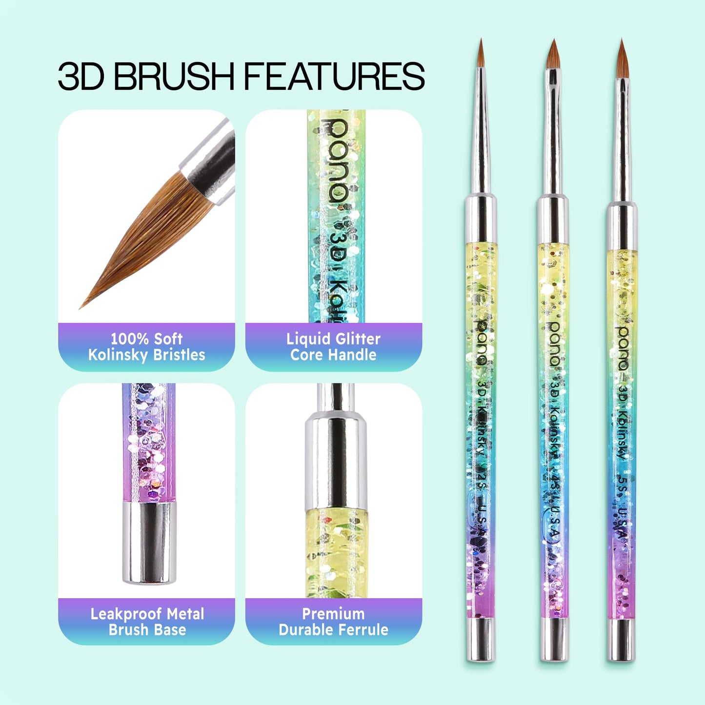 PANA Kolinsky 3D Acrylic Nail Brushes with Liquid Glitter Handle - For Professional Acrylic Powder Liquid Manicure Pedicure (Rainbow Color, Size #2)