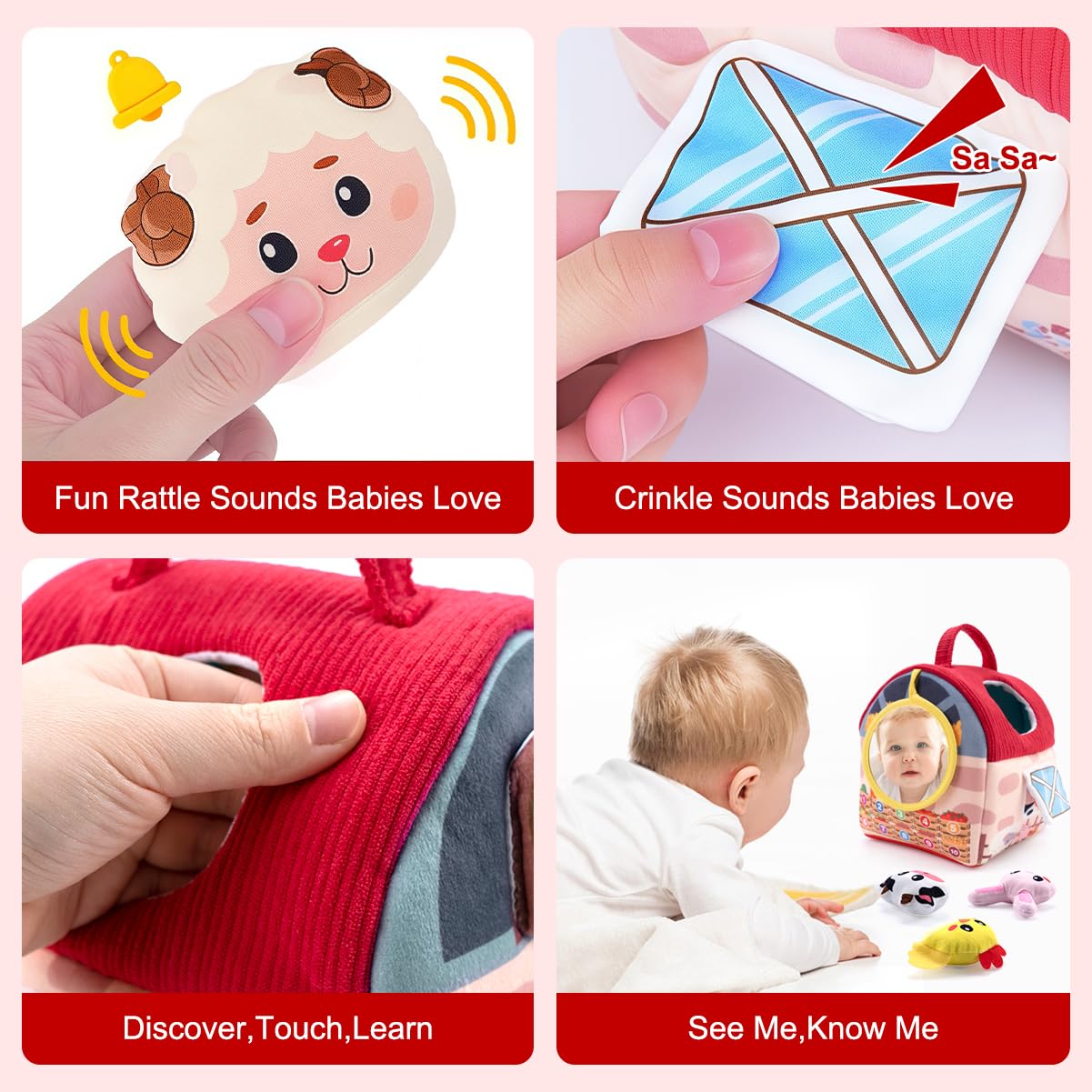 OKREVIEW Easter Baby Toys 6–12 Months, Montessori Sensory Farm Barn with Plush Animals, Rattles, Crinkle Paper & Mirror – First Birthday Gift, Easter Basket Stuffer for Babies