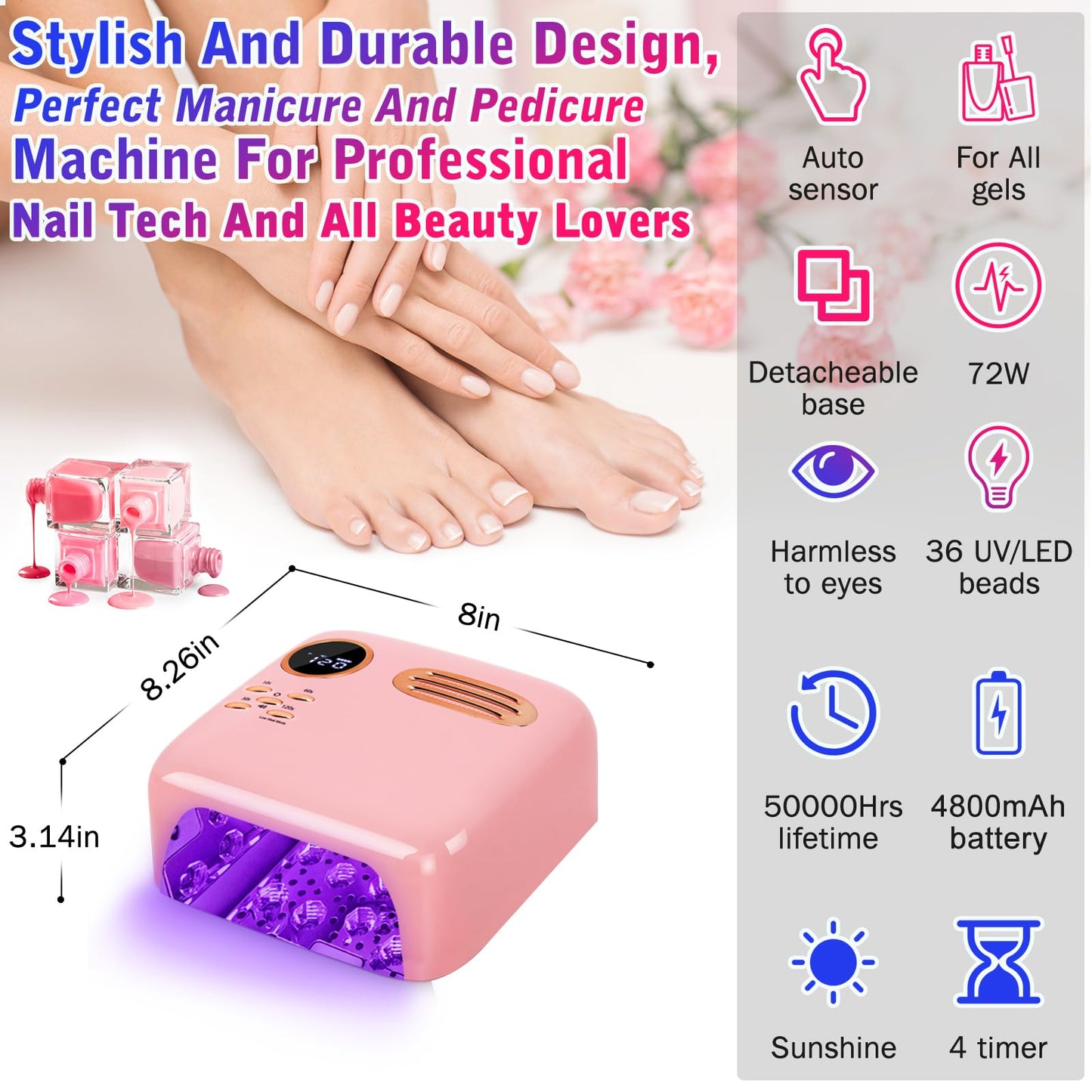 VANIRXELTO Cordless UV LED Nail Lamp - 72W Rechargeable Gel Nail Dryer with Patented Replaceable Light Board - Extra Spare Panel Included - Professional Wireless Curing Lamp for All Gels & Salon