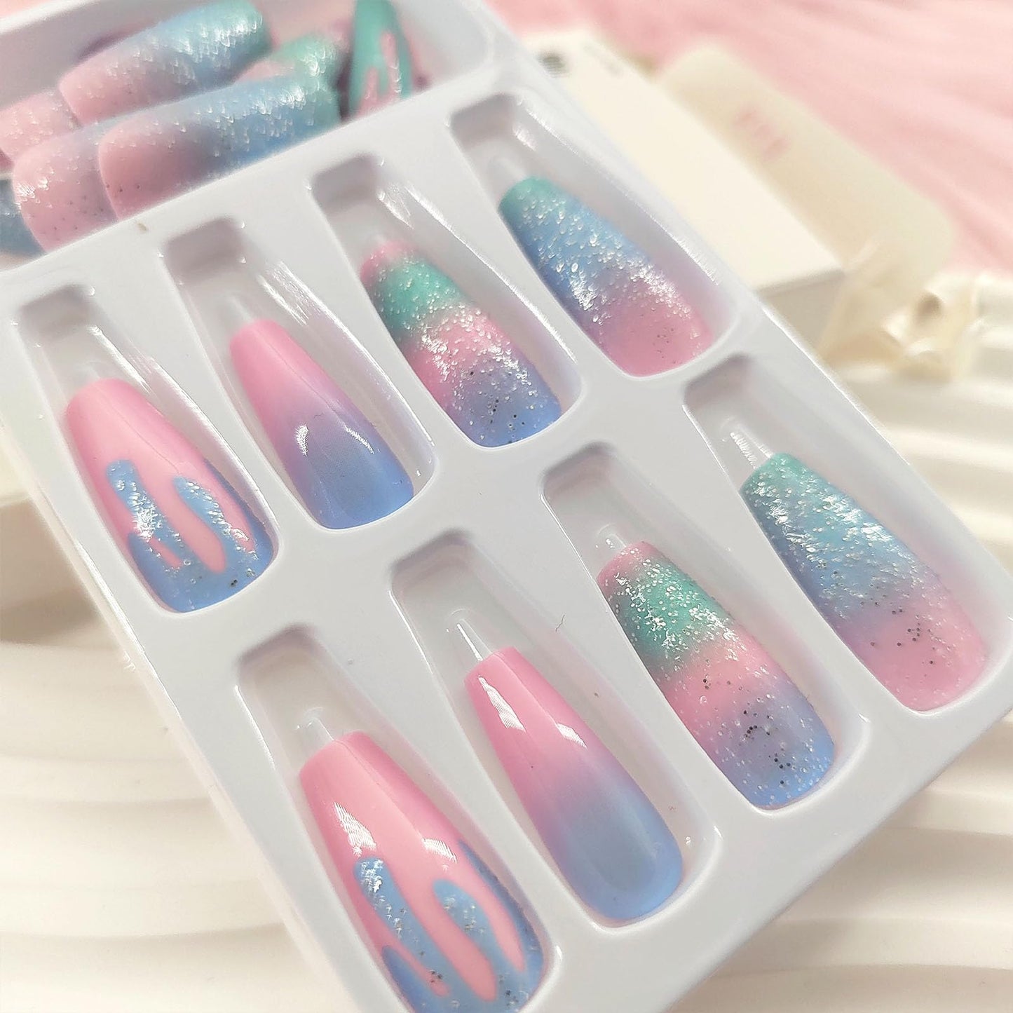 Press on Nails Medium Coffin Fake Nails with Glue Macaron Color Gradient Designs Cute Glue on Nails Medium Length Acrylic Nails Press ons Glitter False Nails for Women 24 Pcs
