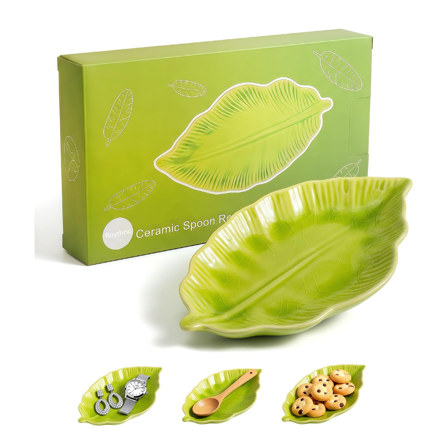 Ceramic Leaf Spoon Rest for Stove Top,Cute Green Leaf Cooking Spoon Holder for Kitchen Counter,Large decorative Spatula Rest Utensil Rest,1 Pack