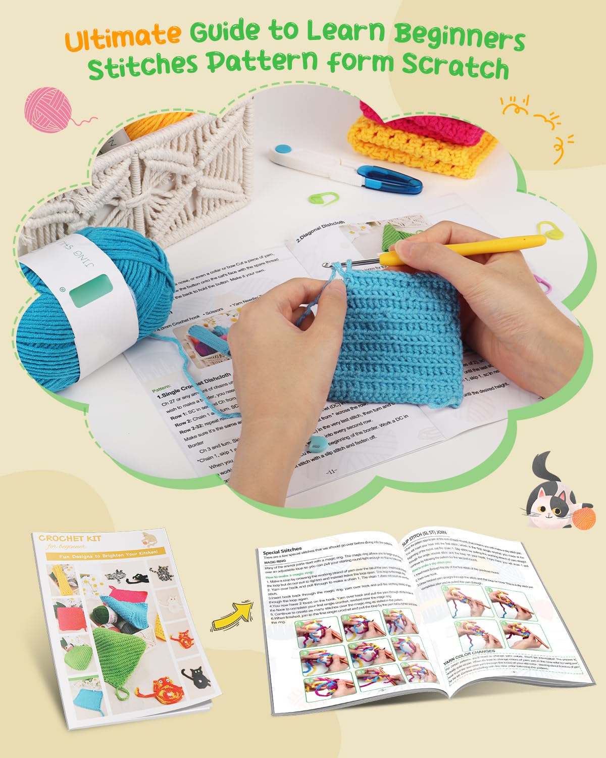 Katech Crochet Kit for Beginner Adults, Dishcloth Beginner Crochet Kit for Adults Learn to Crochet, Crochet Starter Kit Contain Detail Instruction Soft Yarn and Crochet Hook Supplies