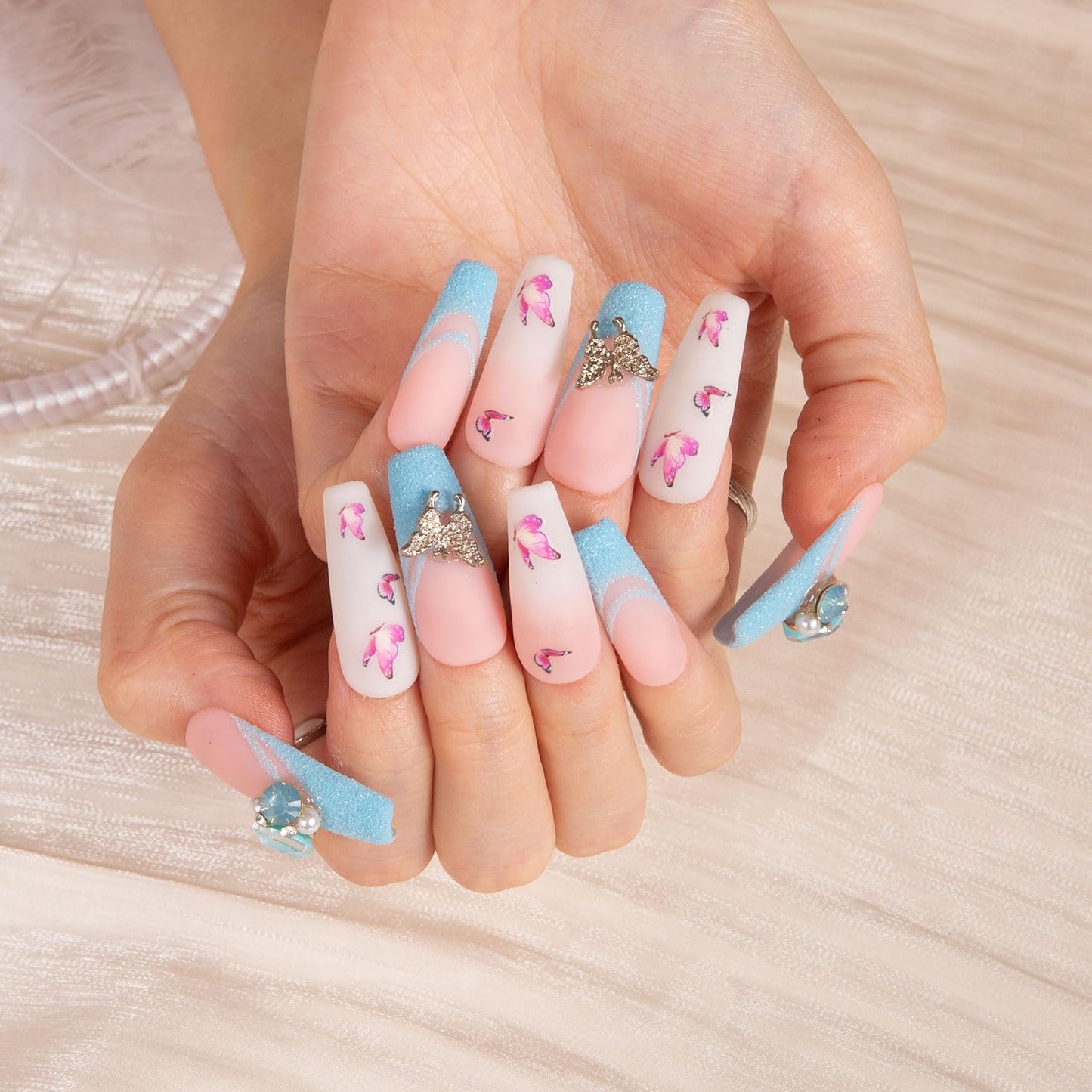 LOVFUL Press on Nails Sky Dance French Tip | Handmade with Full Covered Crystals | Reusable Full Cover Nails | Coffin Classic Regular 1.3 in | H282-S