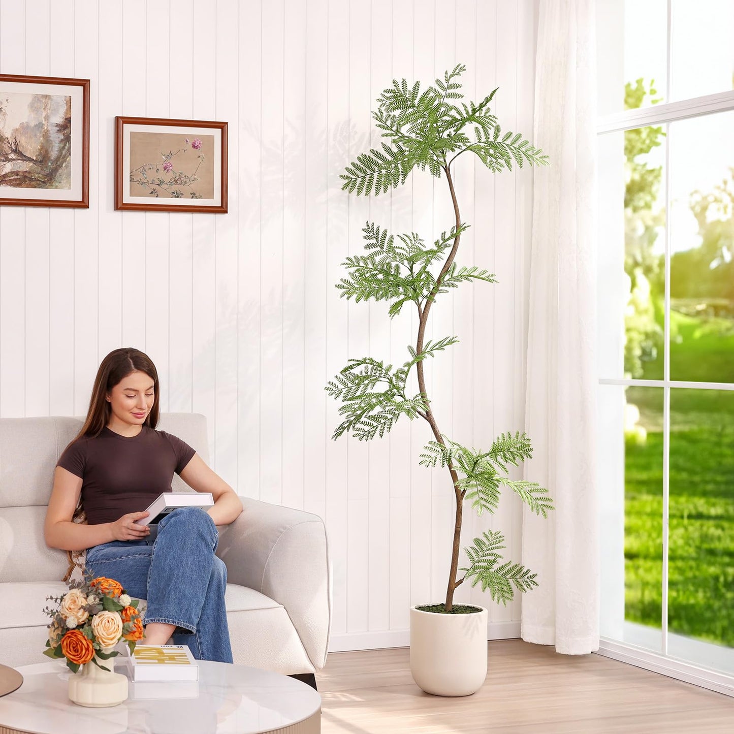 VeriNatural Artificial Jacaranda Tree 7FT Tall,Faux Plants Indoor – Lifelike Adjustable Branches Fake Trees with White Planter for Living Room, Bedroom, Office,Home Decor