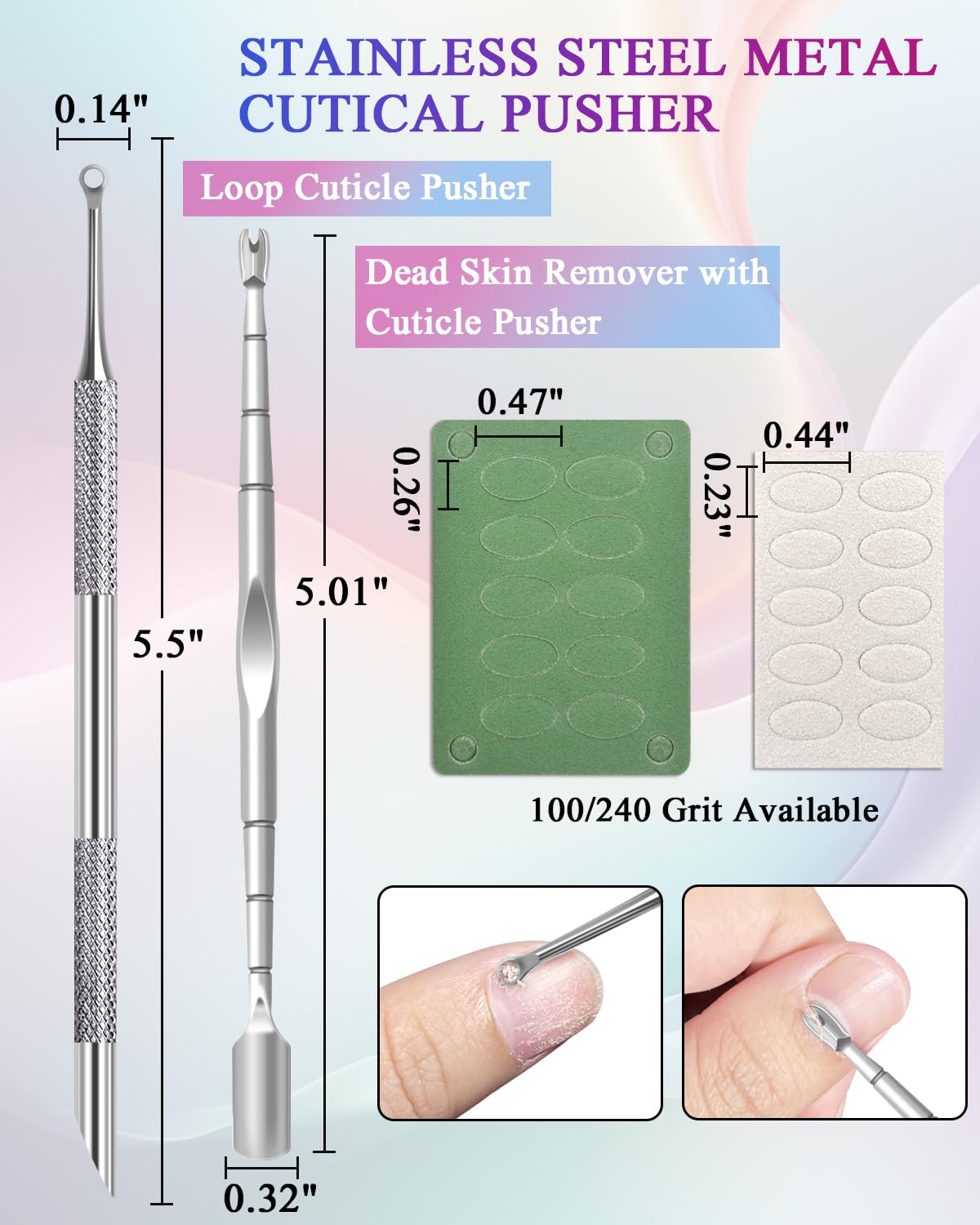 Cuticle Pusher, Pre-treatment Cuticle Pusher, Stainless Steel Loop Cuticle Pusher Dead skin fork, Cuticle Nail Tool with 100#/240# Grit Nail Files and 1 Pcs Storage Bags, For Salon & Home Use (2 Pack)