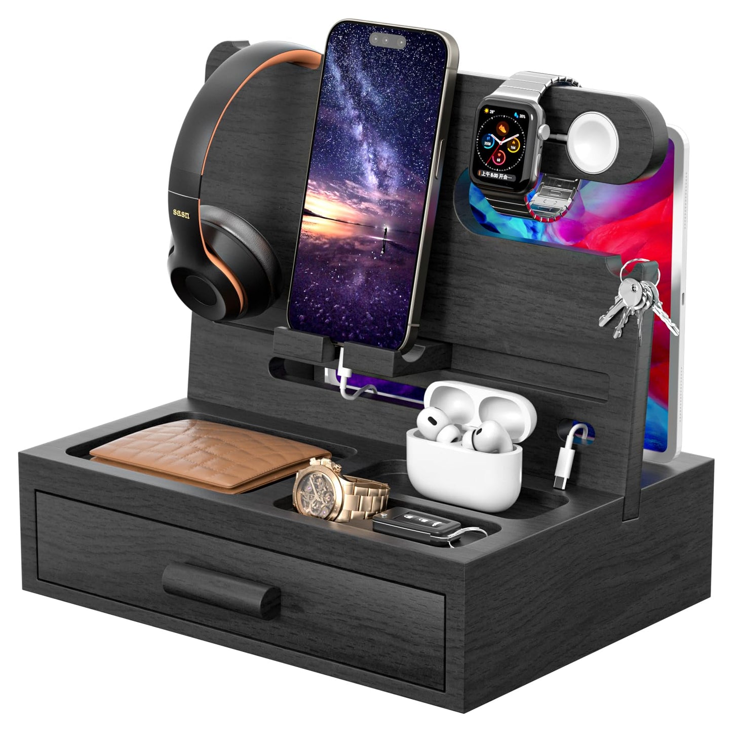 melafa365 Nightstand Organizer for Men,Phone Docking Station with Cable Management,Night Stand with Drawer,Bedside Organizer for Watches,Keys,Wallets,Gifts for Men（Black）