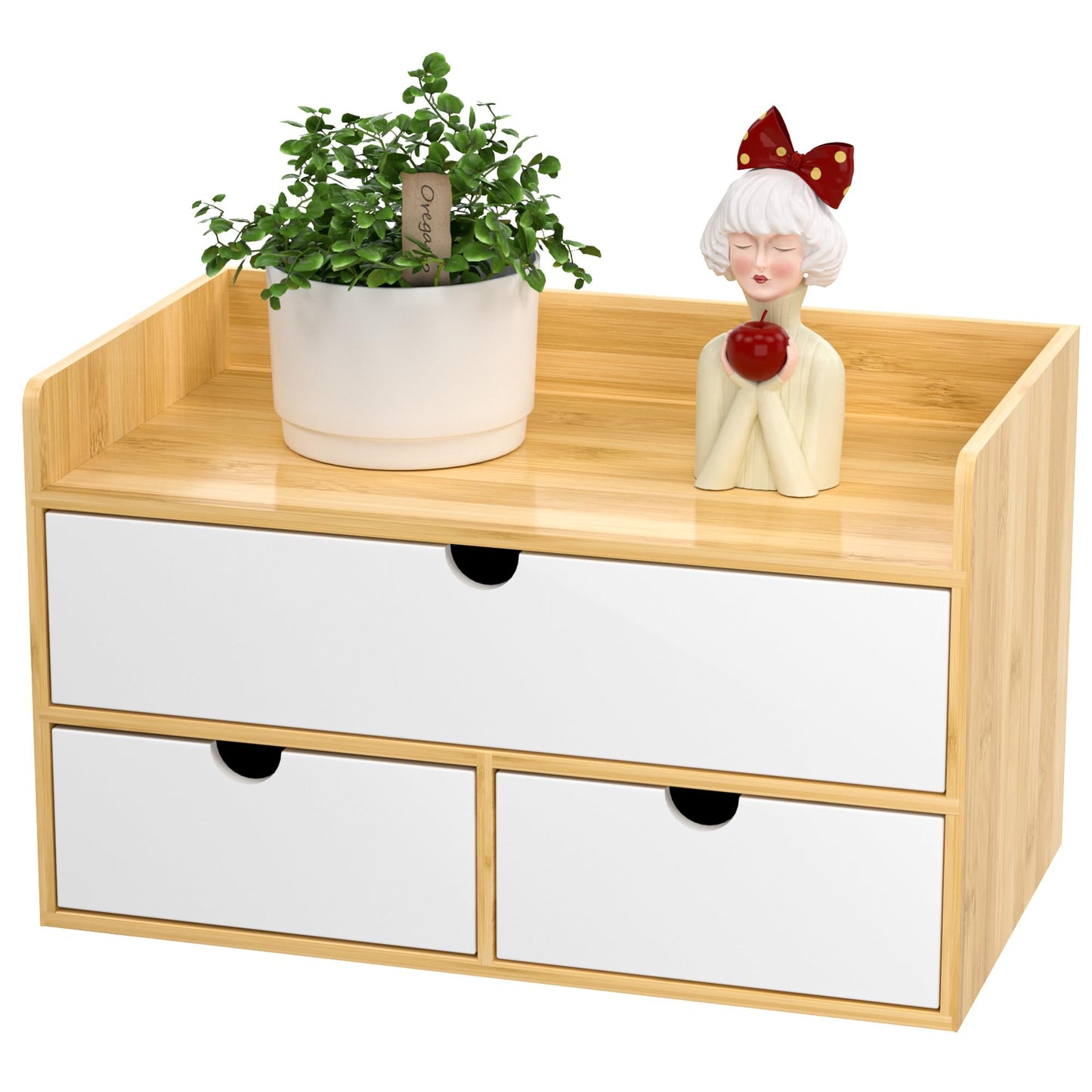 Desk Organizer with Drawers - Bamboo Desktop Organizer Storage | Natural-White Wood Desk Drawers Organizer for Bills, Office Supplies, Cosmetics, Seals No Assembly Required