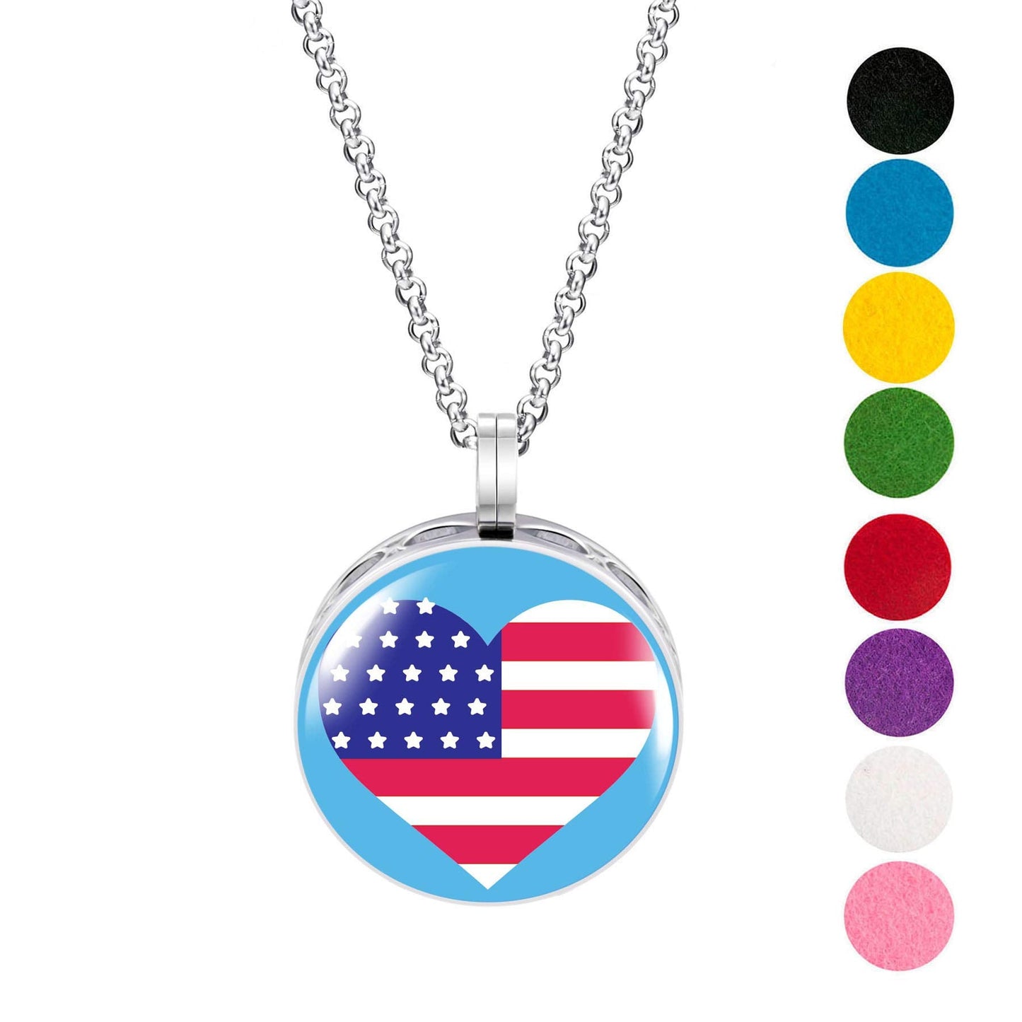 Wild Essentials US Flag Heart Enamel Finish Essential Oil Diffuser Necklace Gift Set - includes Aromatherapy Pendant, 24" Stainless Steel Chain, 8 Color Refill Pads