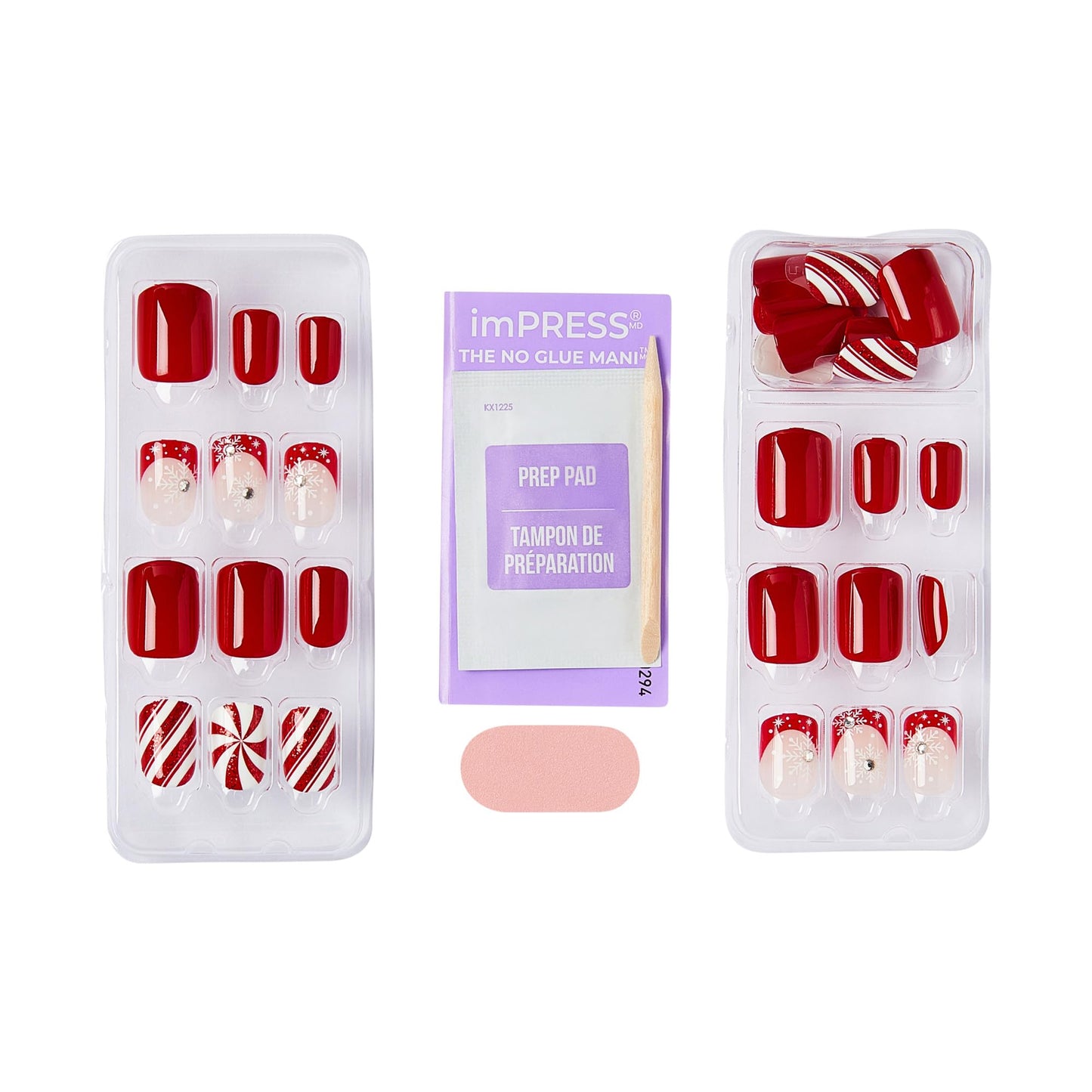 KISS imPRESS Holiday Press On Nails, ‘Santa Baby’, Red, Short Squoval, Improved Super Hold Adhesive, 30 Fake Nails, Prep Pad, Mini Nail File, & Manicure Stick