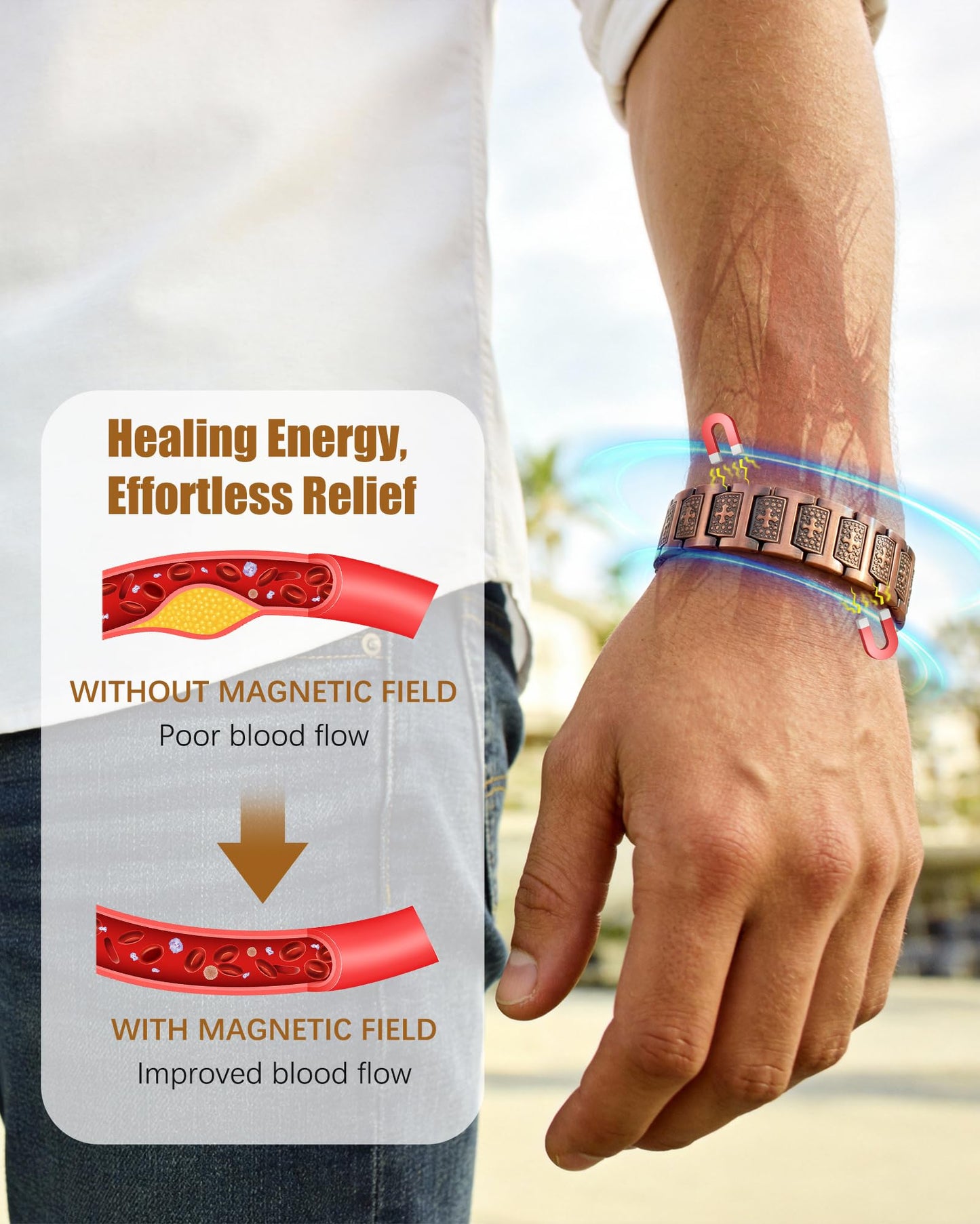 Jeracol Copper Cross Bracelet for Men, Magnetic Therapy Bracelet with Powerful 3800 Gauss Magnets - Adjustable Length with Sizing Tool & Gift Box
