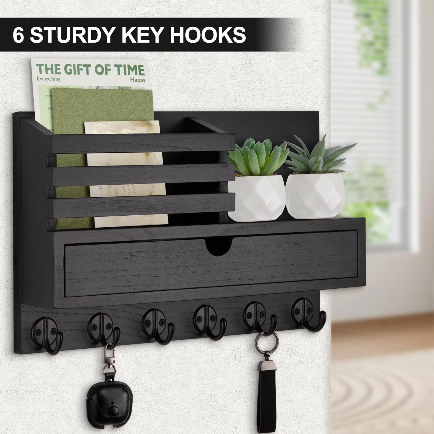 Lucundm Key Holder Wall Mount, Mail Holder with Storage Drawer and 6 Key Hooks for Coat, Dog Leash, Home Decor Rack, House Accessories, Entry Way Organizer