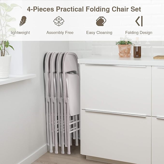 VECELO Metal Folding Chairs 4 Pack, Double Hinged Steel Frame Easy Foldable&Stackable for Office Kitchen Dinning Wedding Patio and Garden