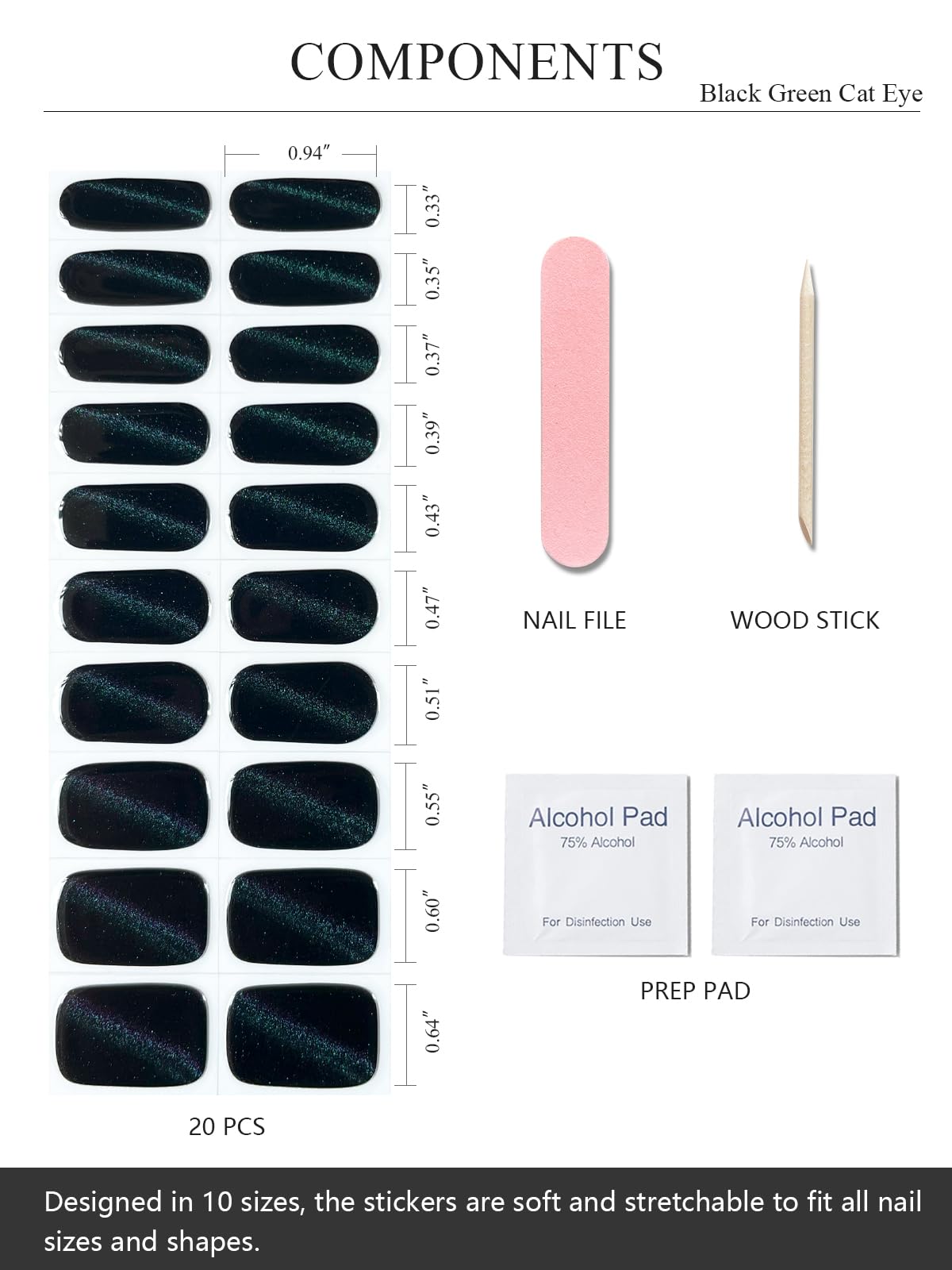 AutyaMee Semi Cured Gel Nail Strips (Black Green Cat Eye), 20 Pcs Gel Nail Wraps, Stickers, UV Light Required, Salon Quality, Long Lasting