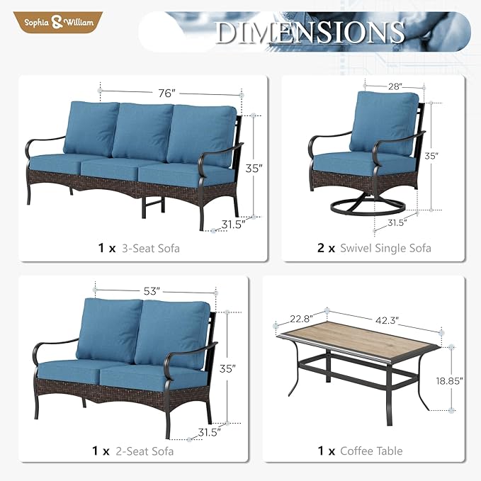 Sophia & William Patio Furniture Set, 5PCS Metal Outdoor Conversation Set with 3-Seater Outdoor Couch, 2 Swivel Chairs, 1 Loveseat,1 Coffee Table for Outdoor Seating, Backyard, Porch(Navy)