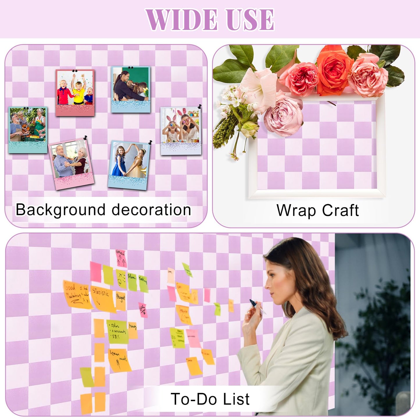 Purple Checkered Bulletin Board Roll Reusable Waterproof Erasable Purple Checkered Non-Woven Fabric Bulletin Board Roll Poster for Teacher Classroom Decors Wrap Crafts 15.7" x65.6ft