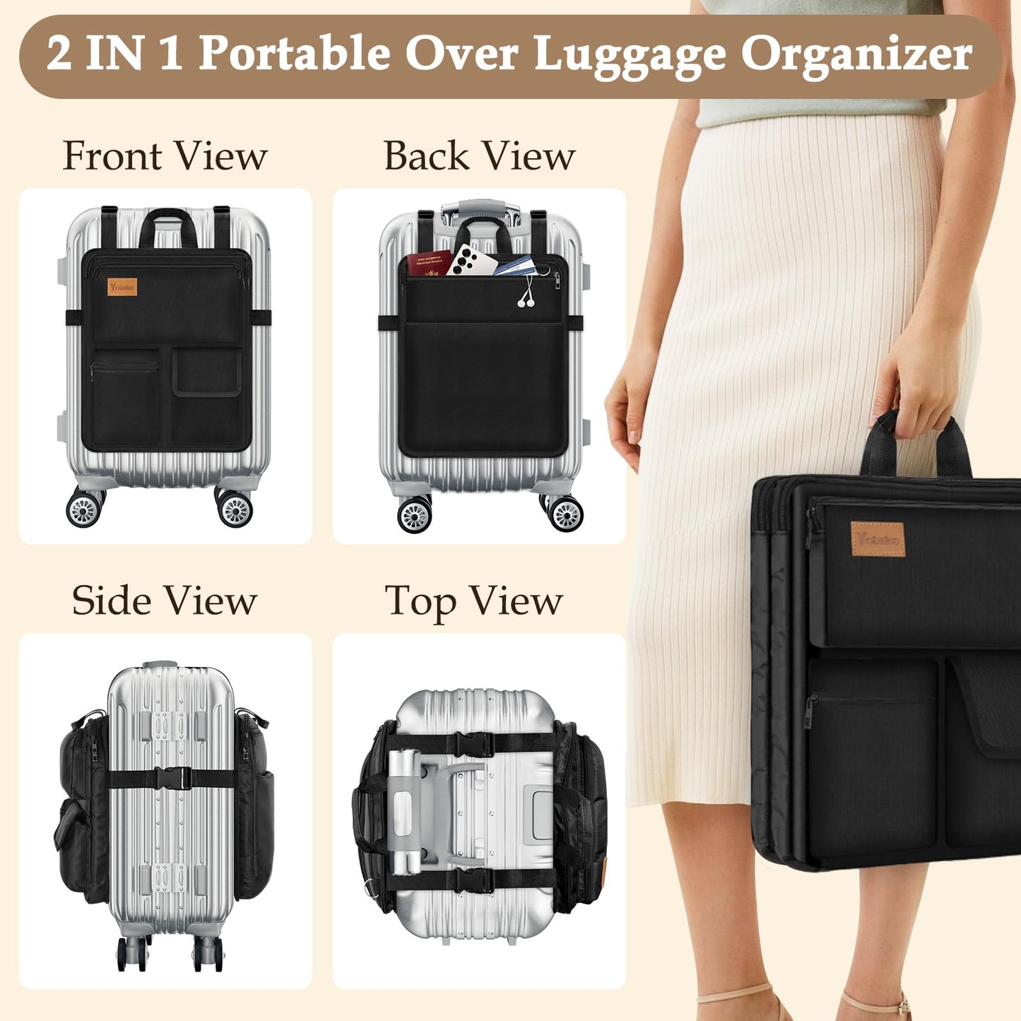 Yotako Over Luggage Organizer for Suitcase or Carry On Bag with 7 Storage Pockets-16” Laptop Sleeve with Handle and Adjustable Straps, Fits 20-30” Suitcase Travel Accessories Bag (Black)
