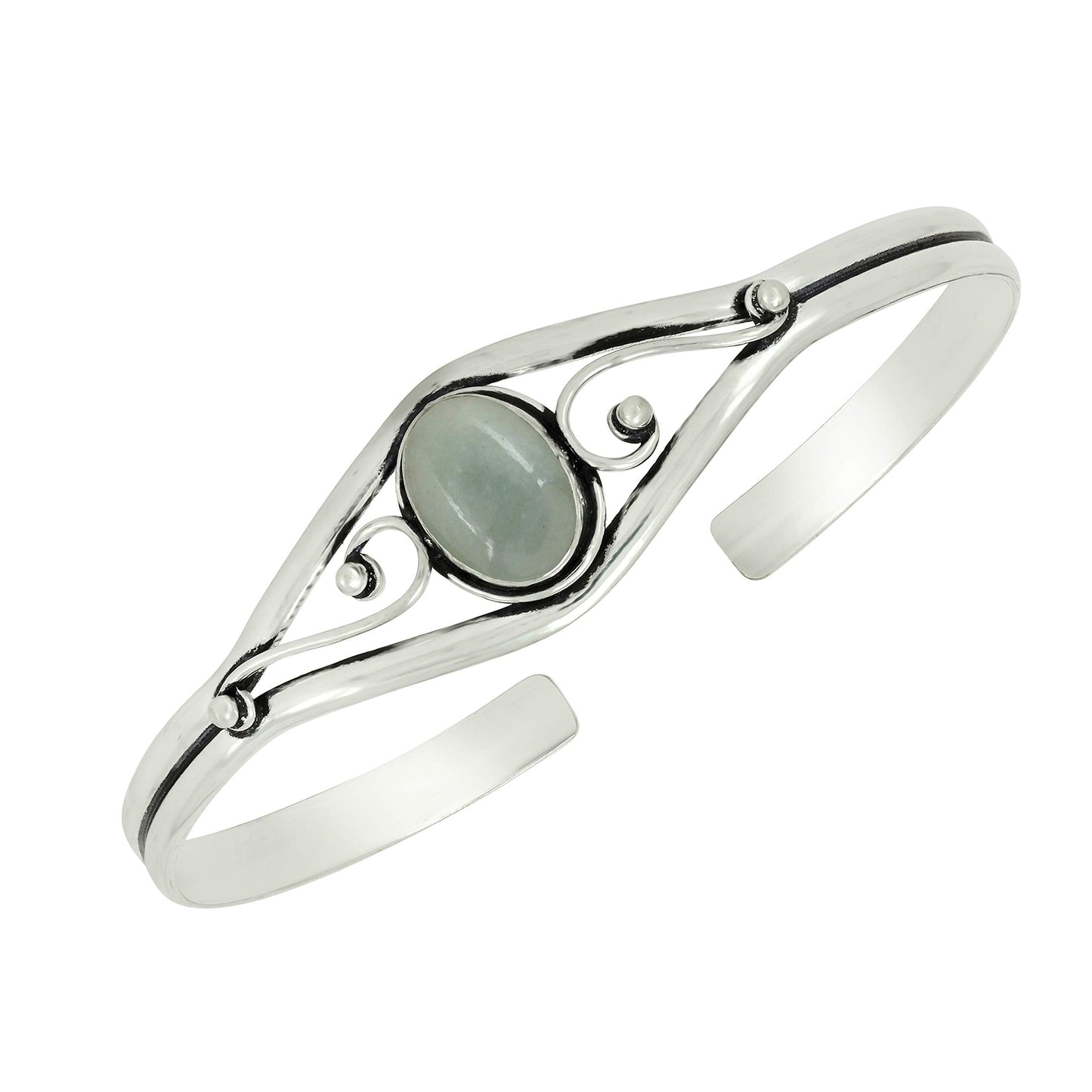 925 Silver Plated Natural Aquamarine Cuff Bangle Bracelet for Women – Handmade Open Bangle – Green Gemstone March Birthstone Statement Jewelry – Gift for Her