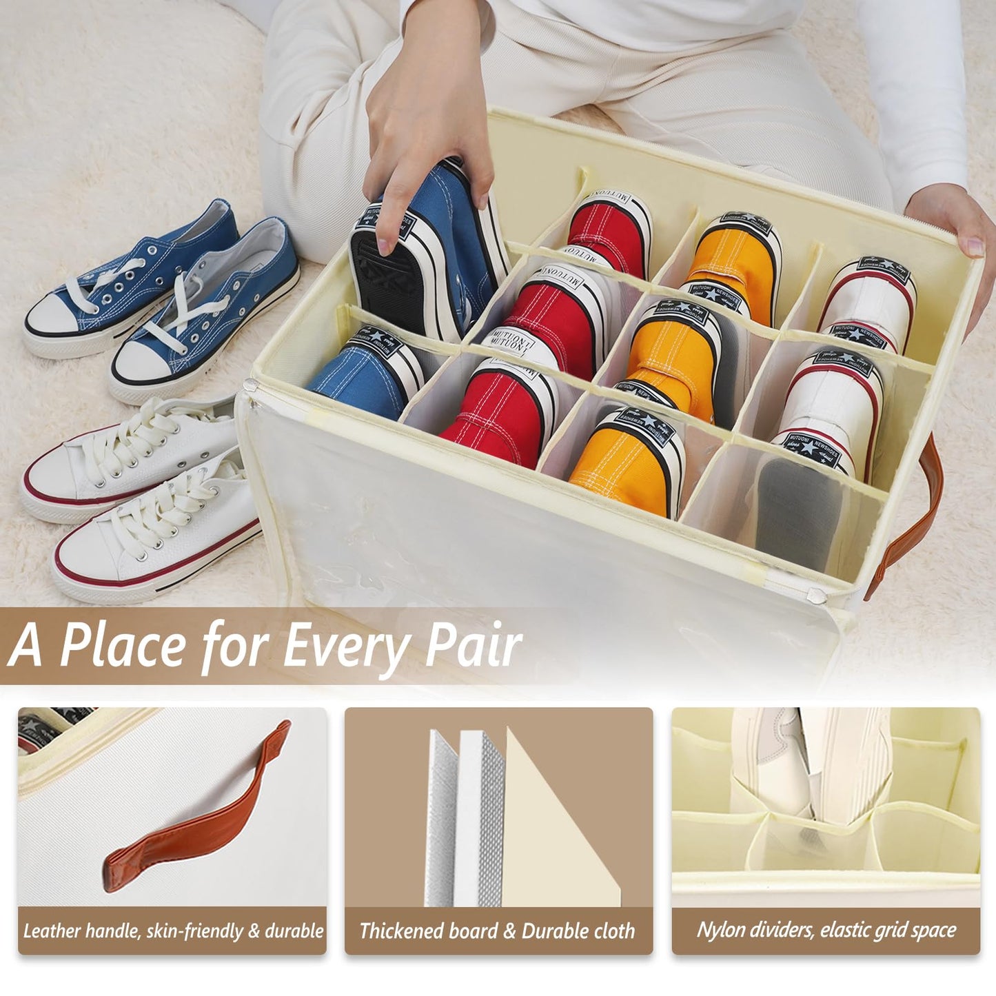 Patinao 2 Pack Shoe Storage Box Organizer for Closet - 24 Cell Space Saver Shoes Containers Bin with Clear Lids Stackable, Can Fit Ottoman, Foldable Shoe Rack Cabinet Cubby for Wardrobe