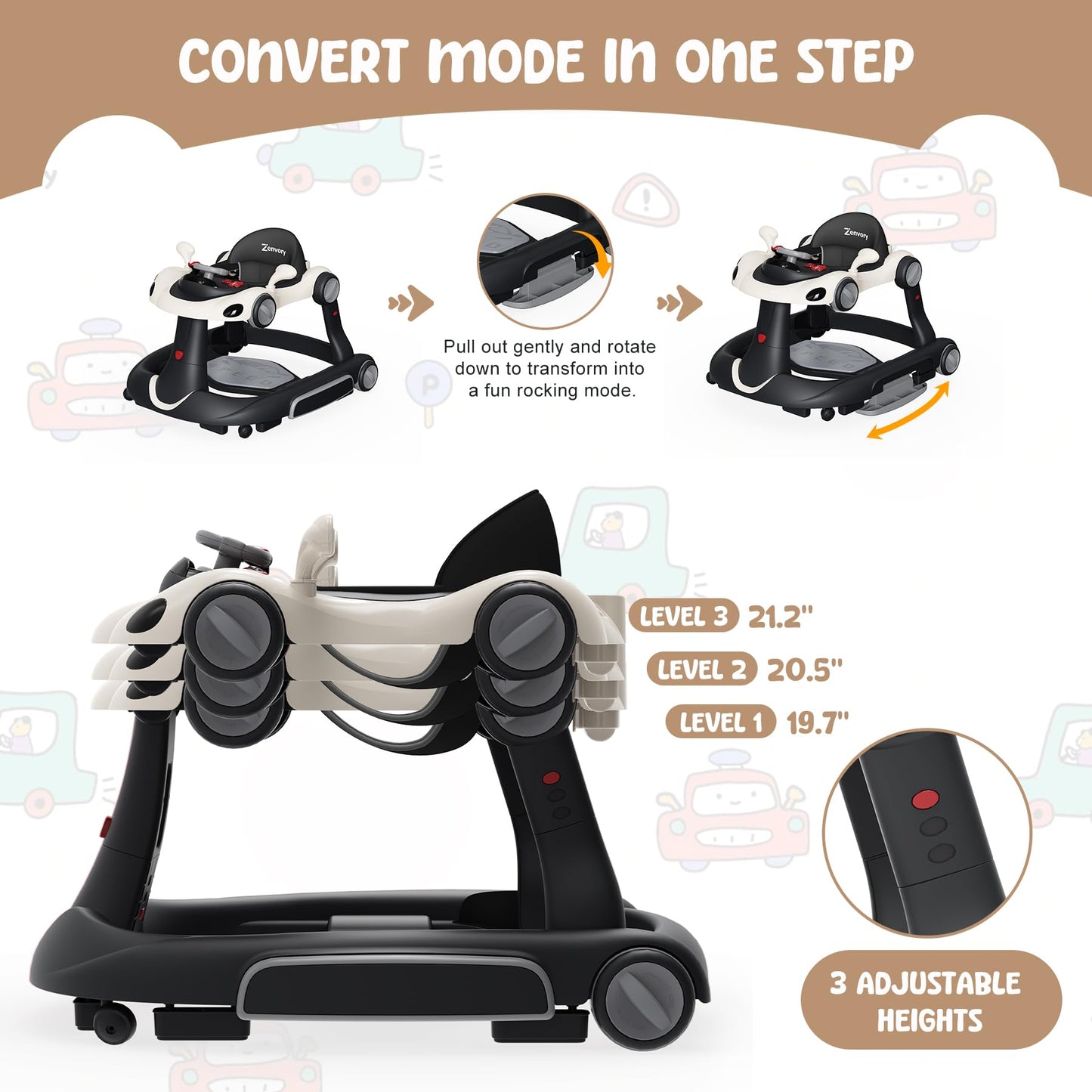 6 in 1 Foldable Baby Walker, Activity Baby Walker-Baby Bouncer, Rocker, Activity Center,Push Walker,Detachable Trampoline Mat, Adjustable Speed Rear Wheels and Height,Music & Lights,Ages 6-18 Months