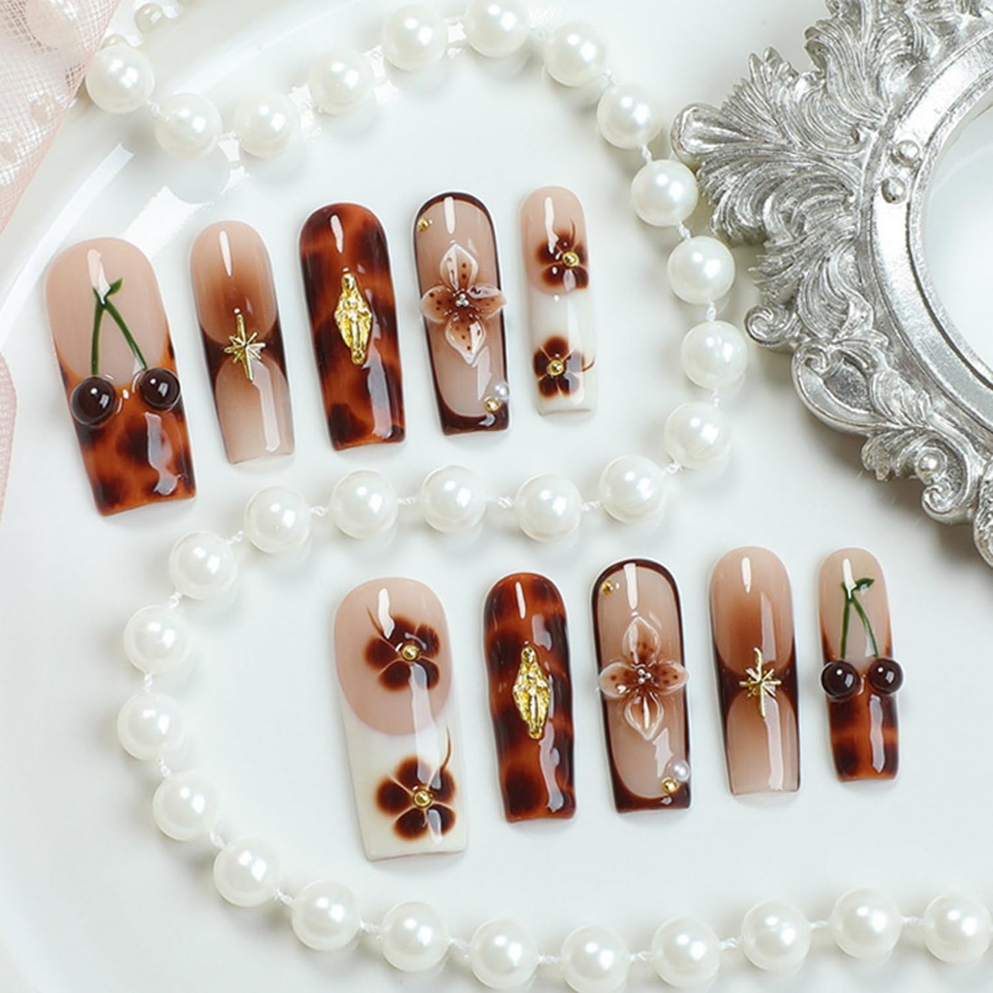 Brown French Tip Press on Nails Long Coffin Fake Nails Handmade Press on Nails 3D Luxury Flower and Cherry Embossed Designs Muti-Layer Gel Thick False Nails Glossy Acrylic Nails for Women (Size S)