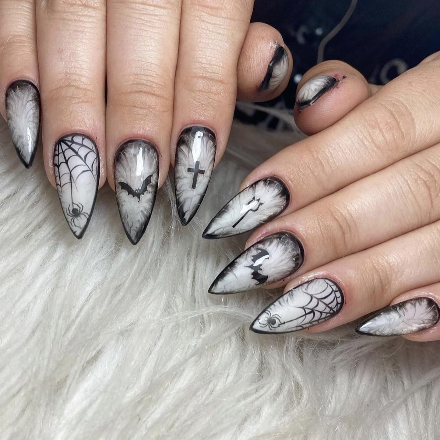 IMSOHOT Halloween Press on Nails Medium Almond Fake Nails Black French Tip False Nails with White Ombre & Ghost Designs Full Cover Acrylic Glue on Nails